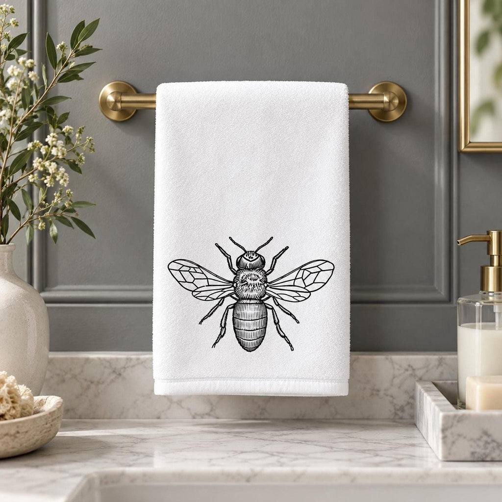 Bee Fingertip Towel, Black White Guest Bath Decor, 11 × 18 Inch Cotton Terry