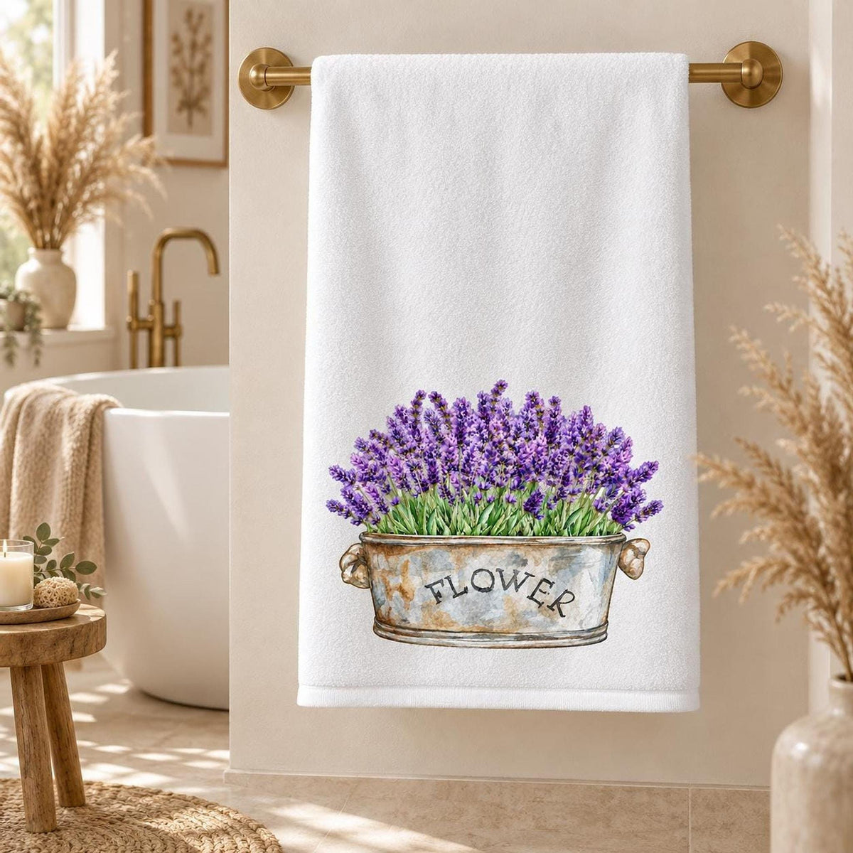 Lavender Bath Towel, 24 × 42 Inch Cotton Terry Farmhouse Floral Accent