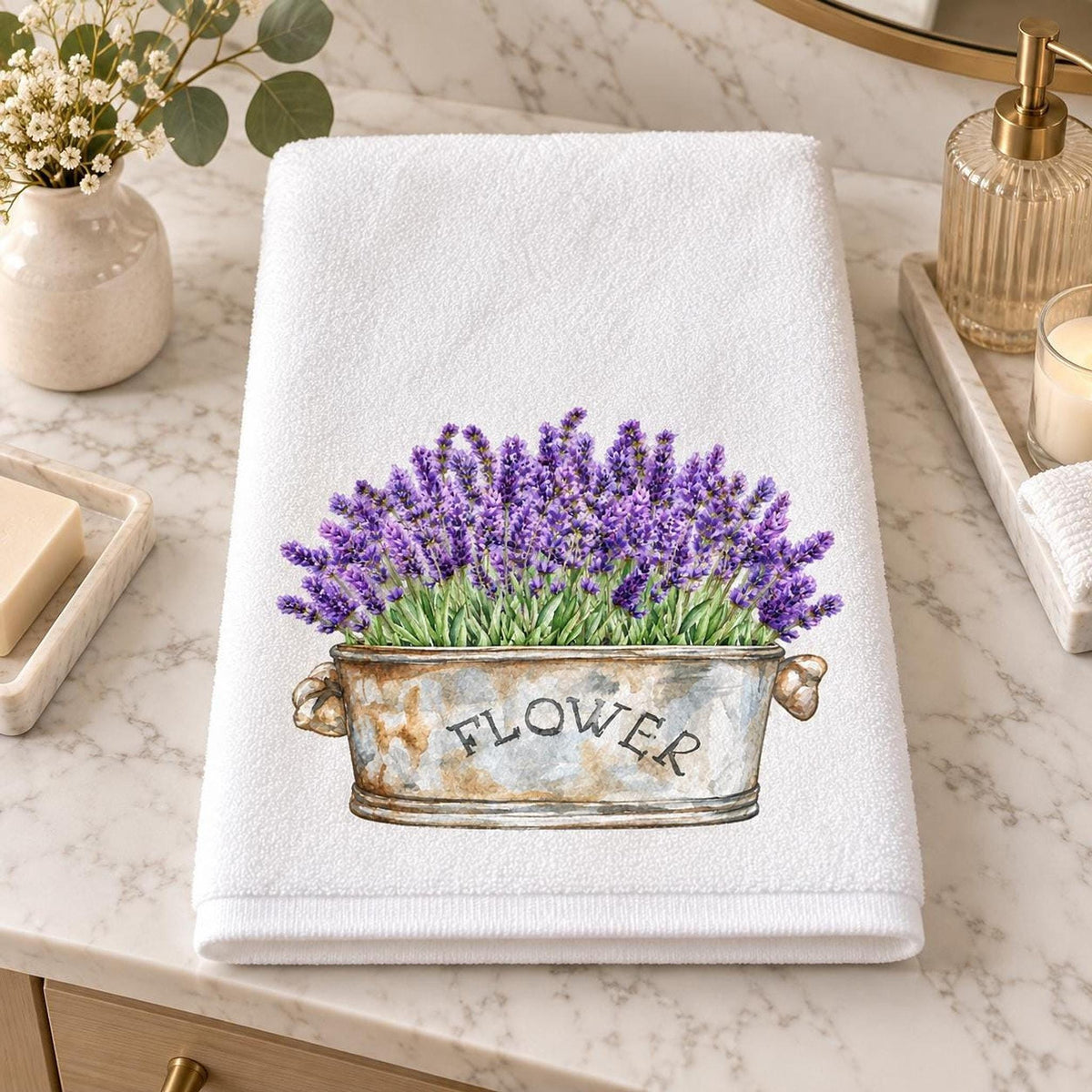 Lavender Bath Towel, 24 × 42 Inch Cotton Terry Farmhouse Floral Accent