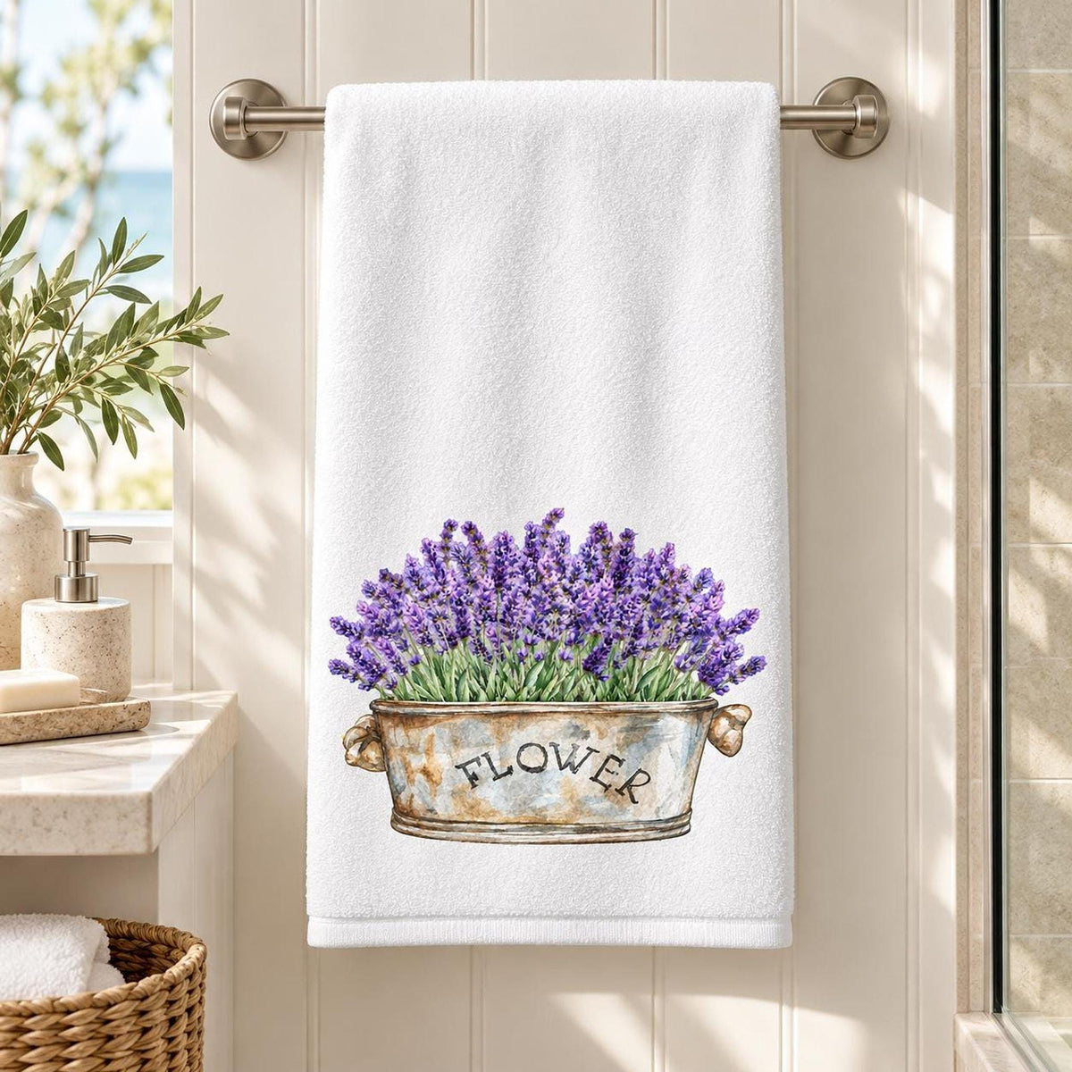 Lavender Bath Towel, 24 × 42 Inch Cotton Terry Farmhouse Floral Accent