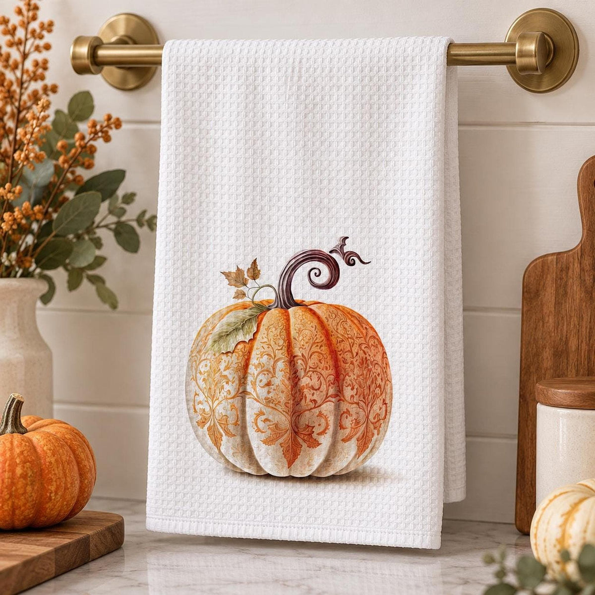 Fall Kitchen Towel, Ornate Pumpkin Waffle Tea 15 × 25 Inch
