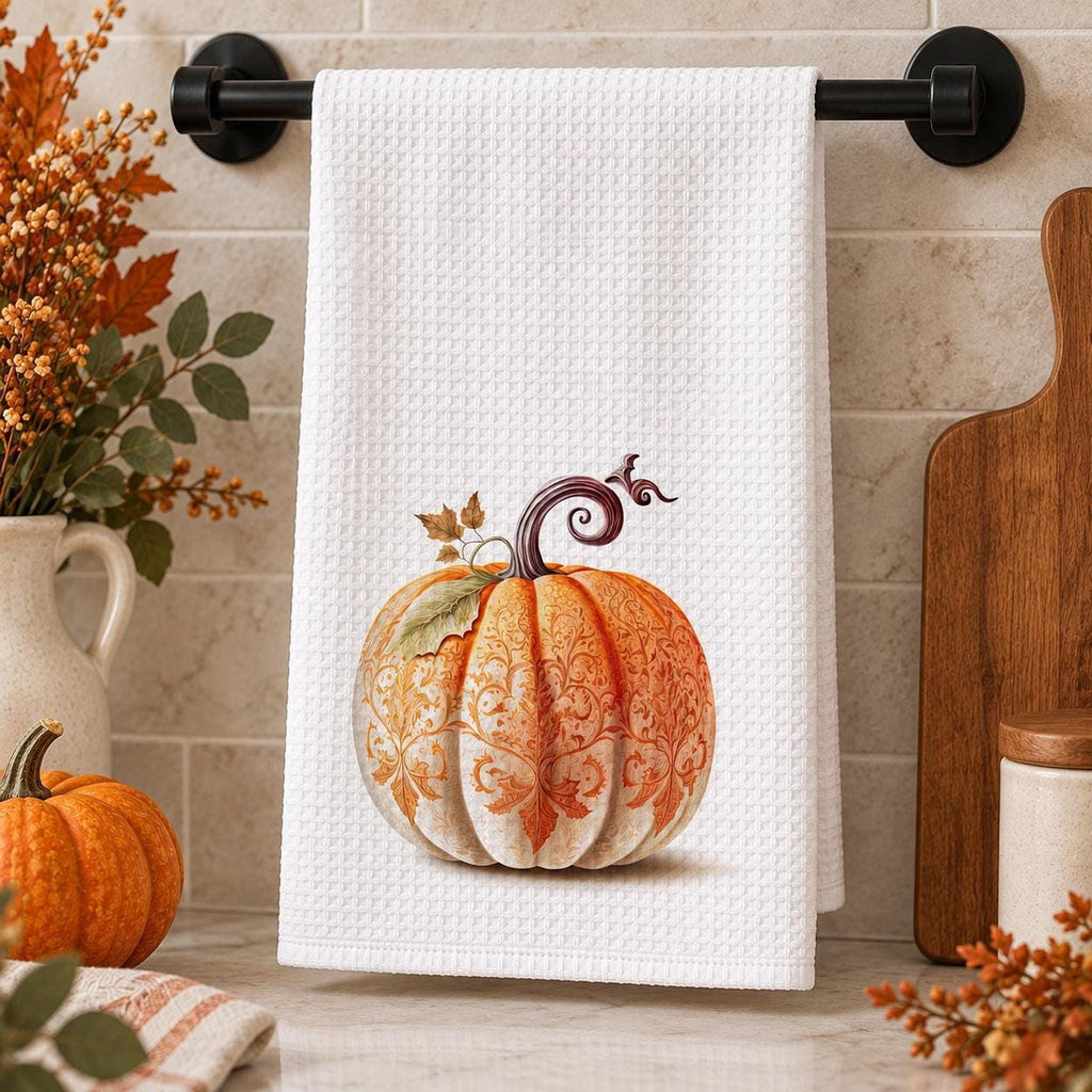 Fall Kitchen Towel, Ornate Pumpkin Waffle Tea 15 × 25 Inch