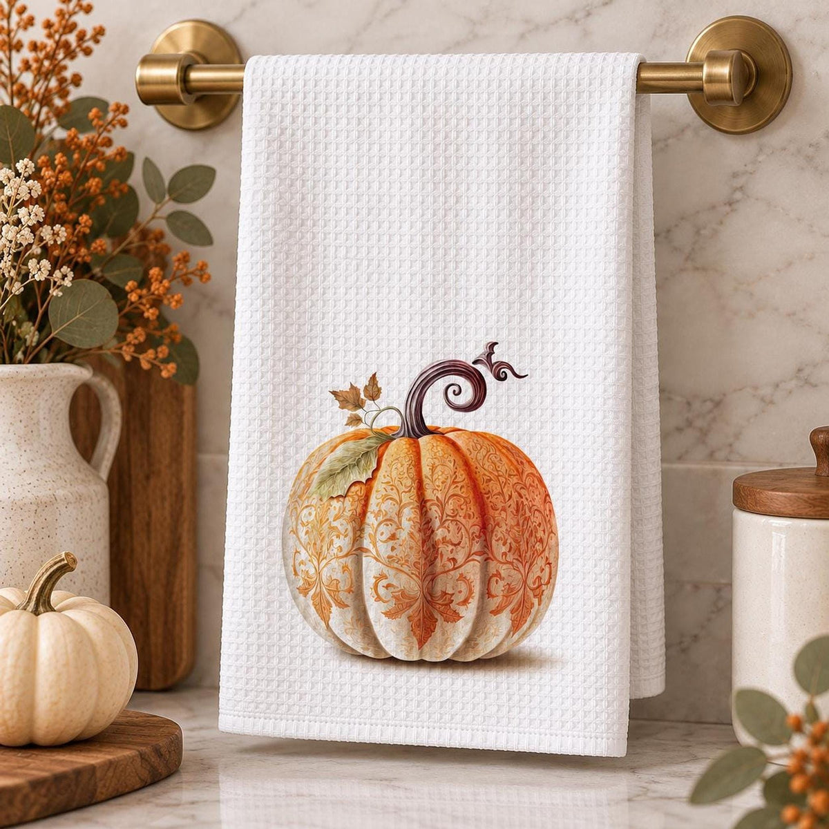 Fall Kitchen Towel, Ornate Pumpkin Waffle Tea 15 × 25 Inch
