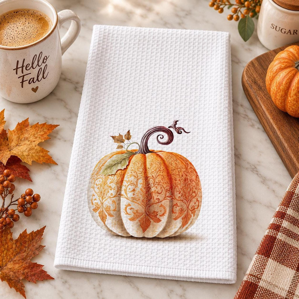 Fall Kitchen Towel, Ornate Pumpkin Waffle Tea 15 × 25 Inch