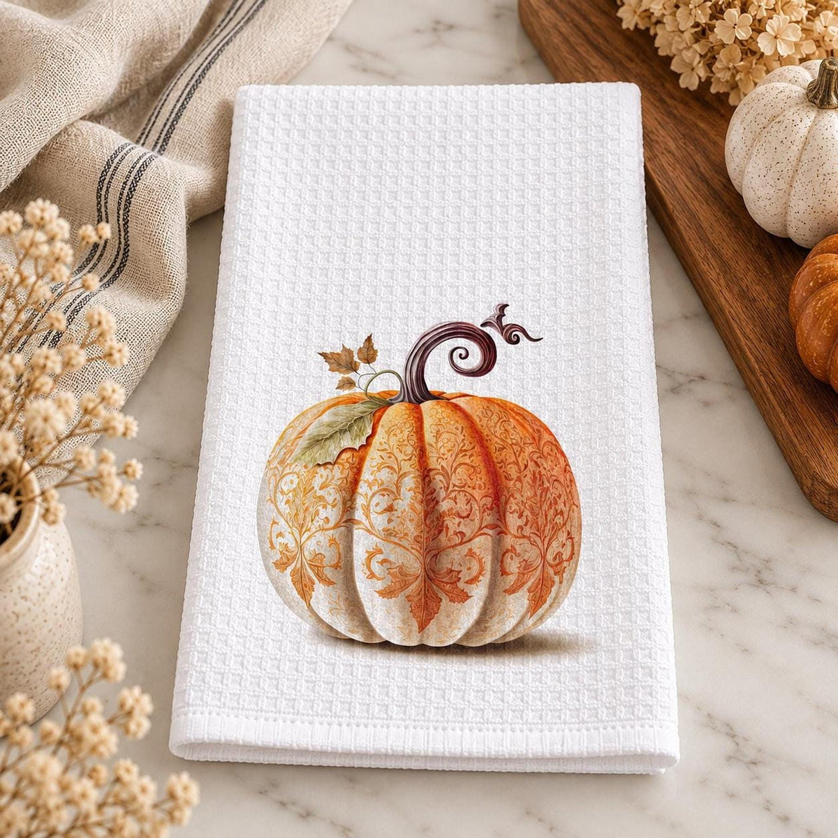 Fall Kitchen Towel, Ornate Pumpkin Waffle Tea 15 × 25 Inch