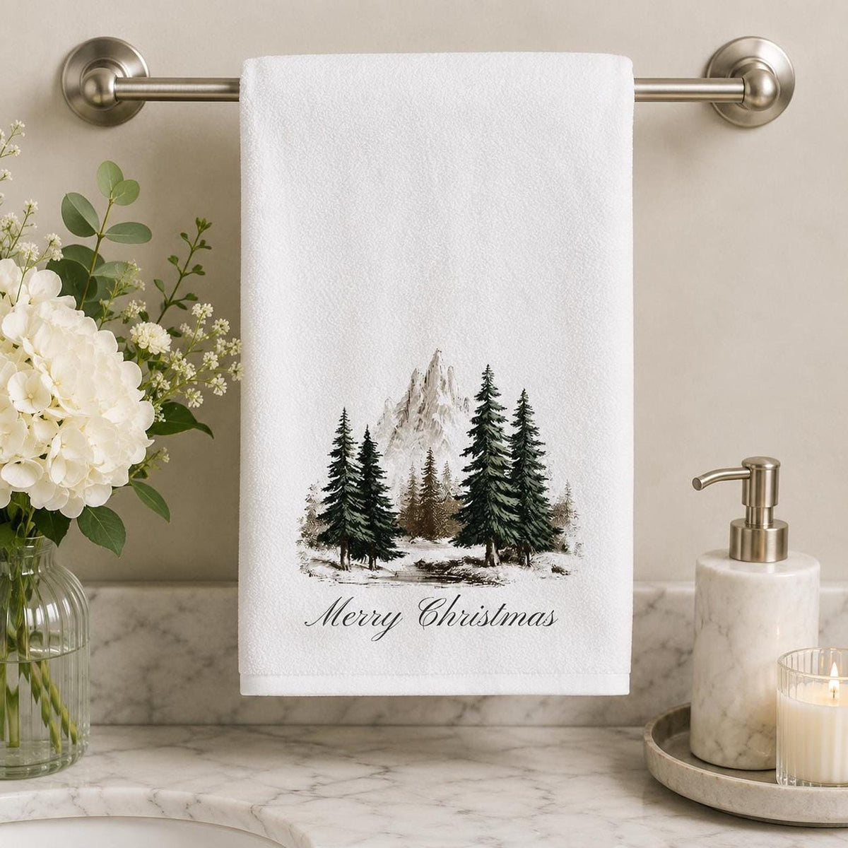 Christmas Hand Towel, 15 × 25 Inch Sheared Polyester Snowy Mountain Design