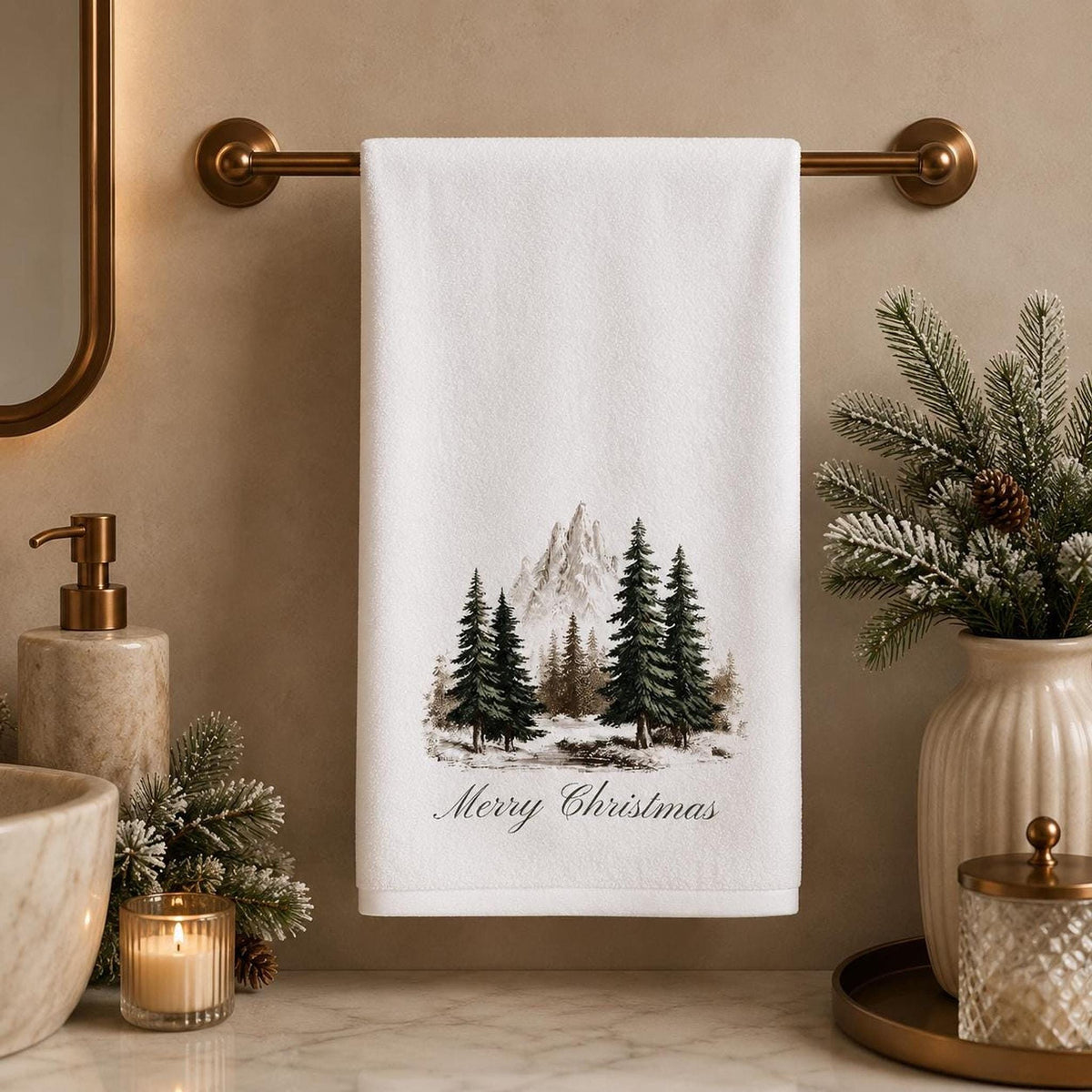 Christmas Hand Towel, 15 × 25 Inch Sheared Polyester Snowy Mountain Design