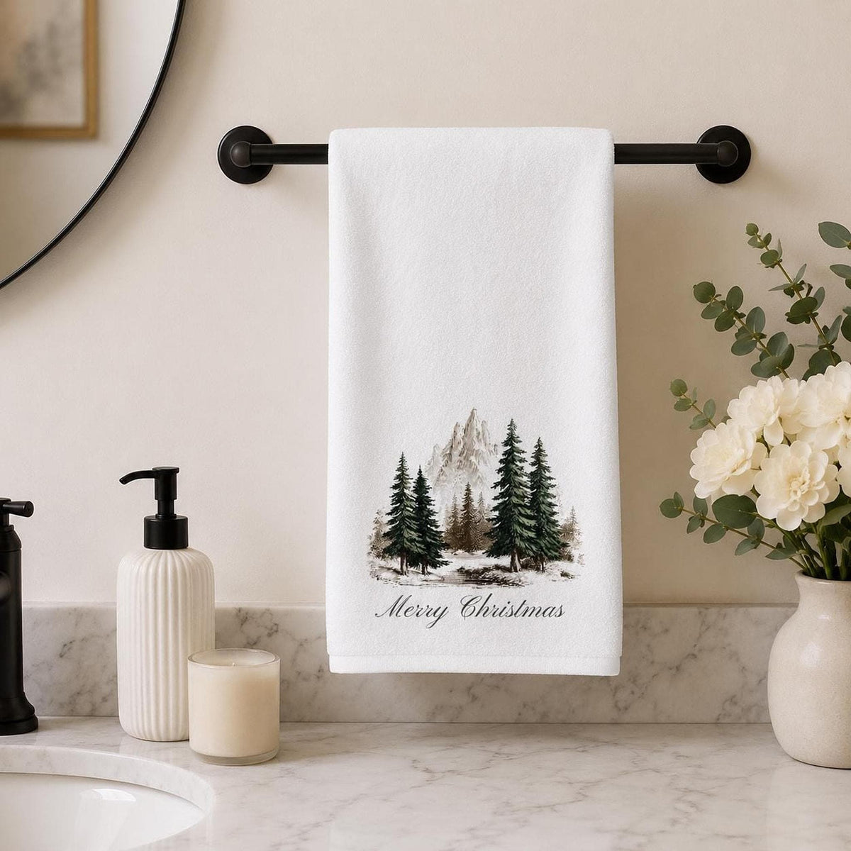 Christmas Hand Towel, 15 × 25 Inch Sheared Polyester Snowy Mountain Design