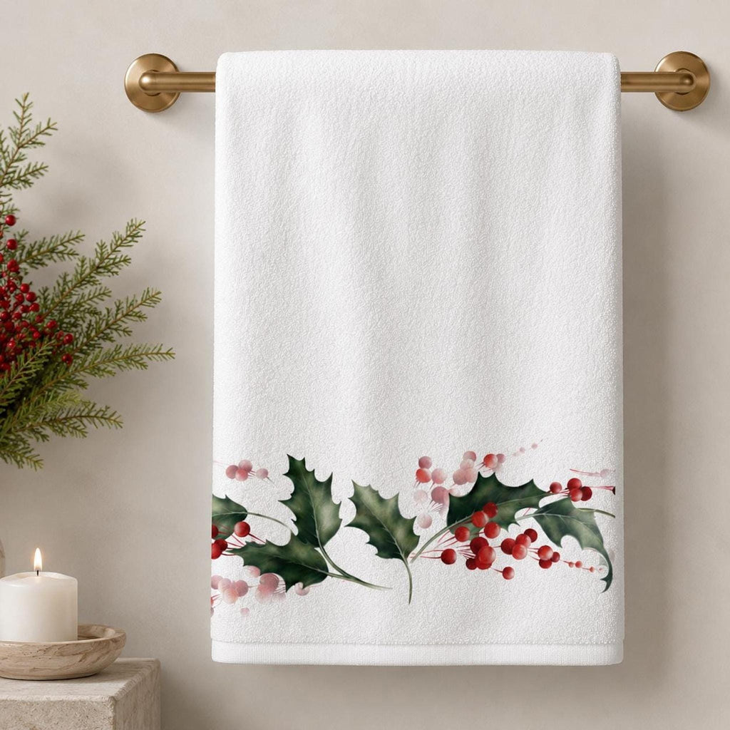 Christmas Holly Bath Towel, Watercolor Berry Bathroom Decor, Holiday Guest Towel, Winter Spa Gift