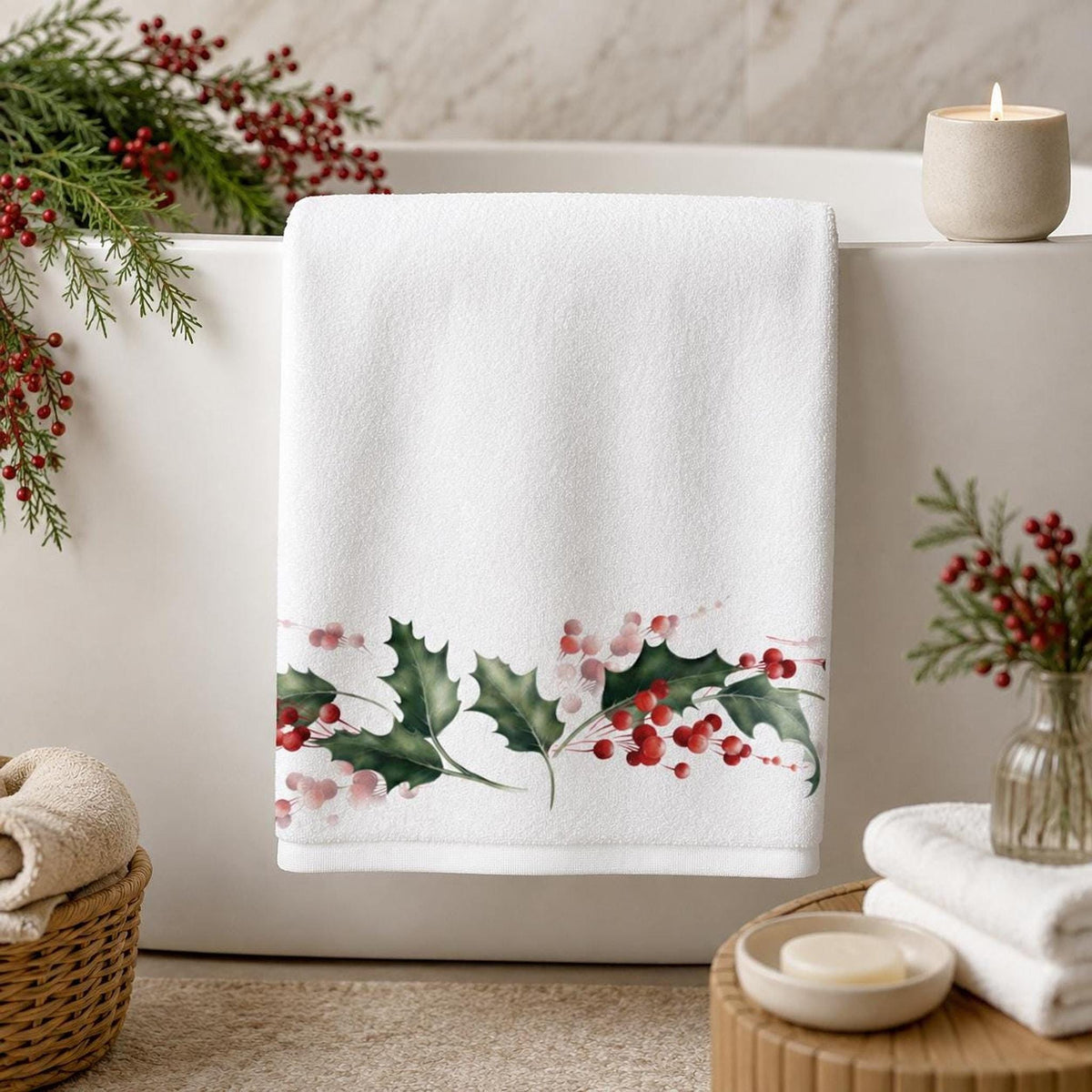 Christmas Holly Bath Towel, Watercolor Berry Bathroom Decor, Holiday Guest Towel, Winter Spa Gift