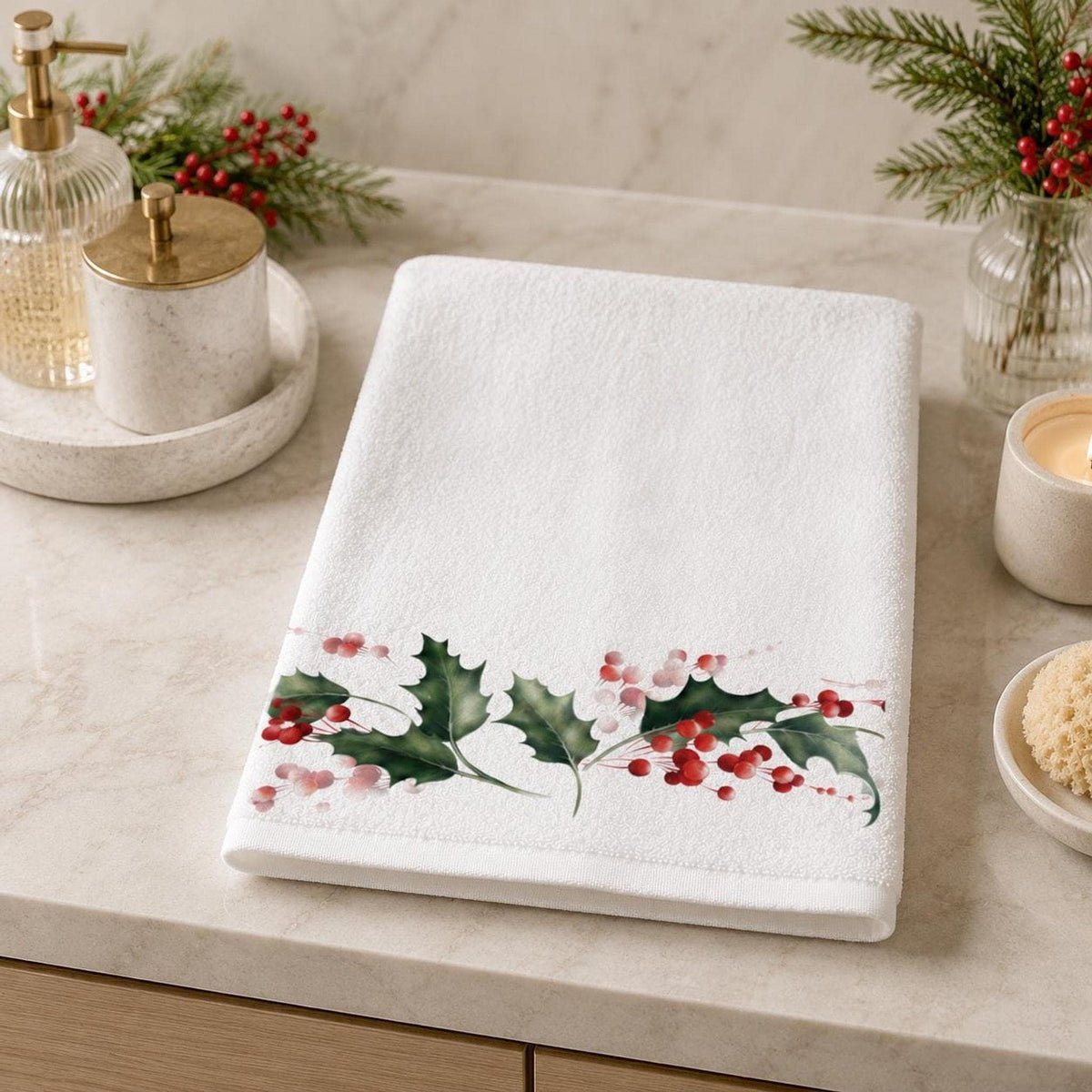 Christmas Holly Bath Towel, Watercolor Berry Bathroom Decor, Holiday Guest Towel, Winter Spa Gift