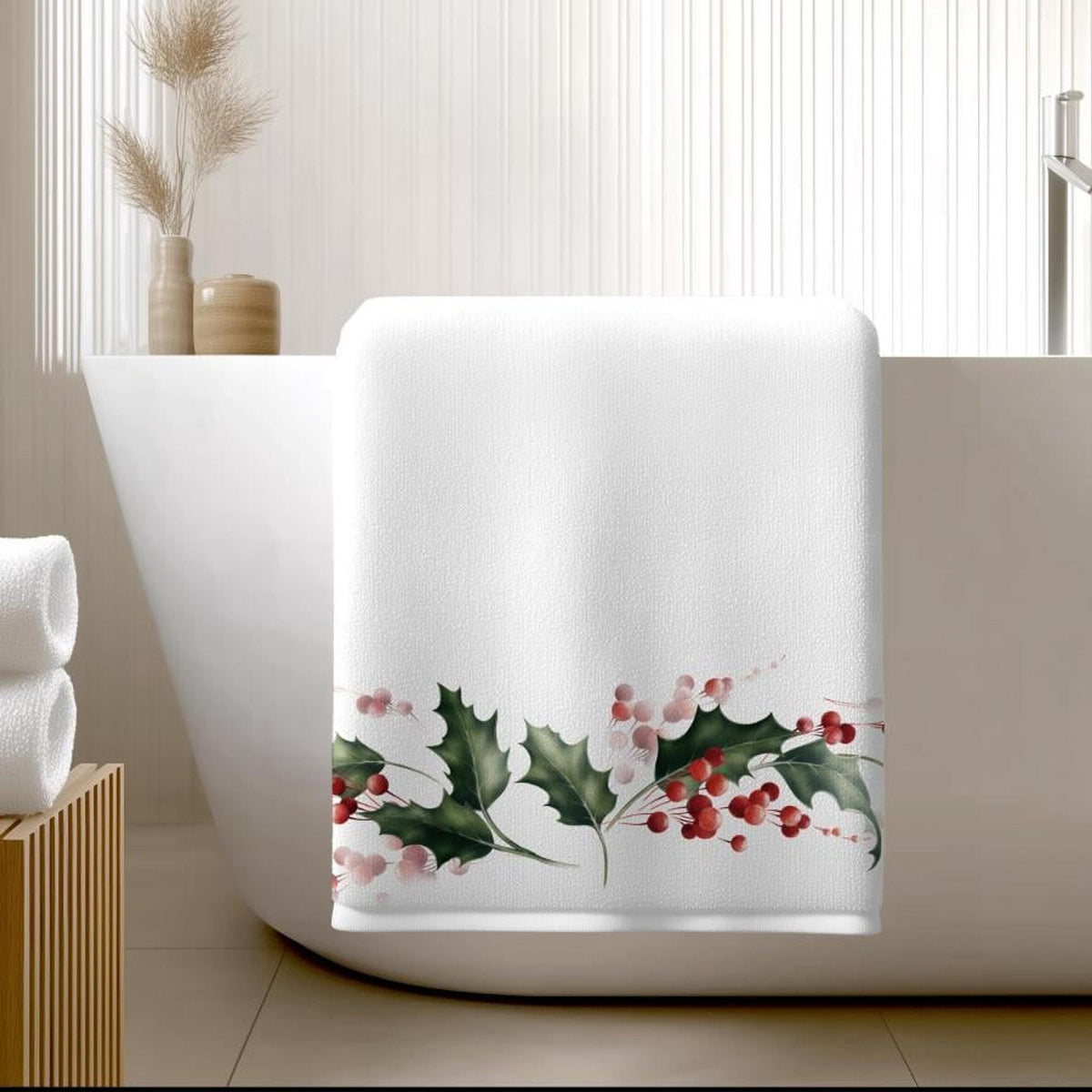 Christmas Holly Bath Towel, Watercolor Berry Bathroom Decor, Holiday Guest Towel, Winter Spa Gift