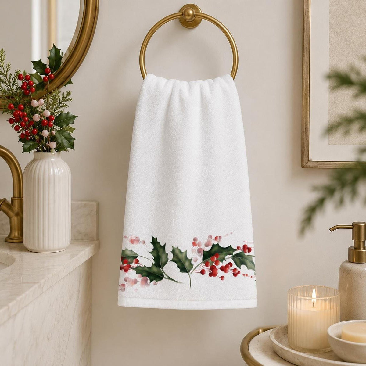 Christmas Holly Bath Towel, Watercolor Berry Bathroom Decor, Holiday Guest Towel, Winter Spa Gift