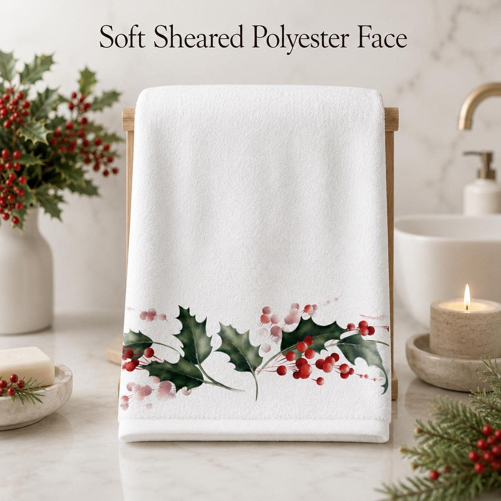 Christmas Holly Bath Towel, Watercolor Berry Bathroom Decor, Holiday Guest Towel, Winter Spa Gift