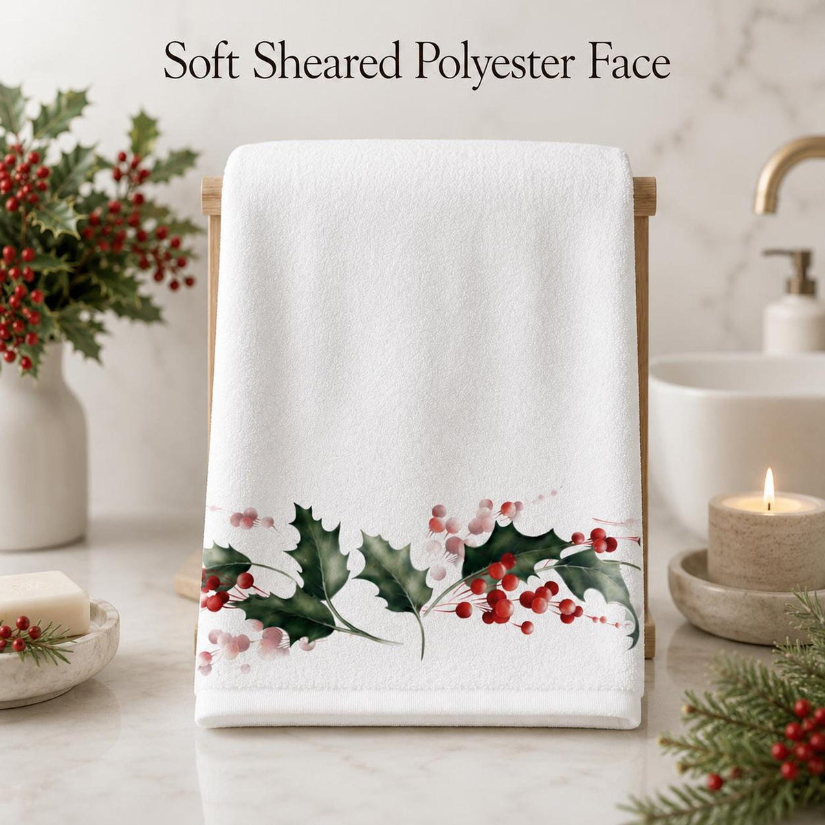 Christmas Holly Bath Towel, Watercolor Berry Bathroom Decor, Holiday Guest Towel, Winter Spa Gift