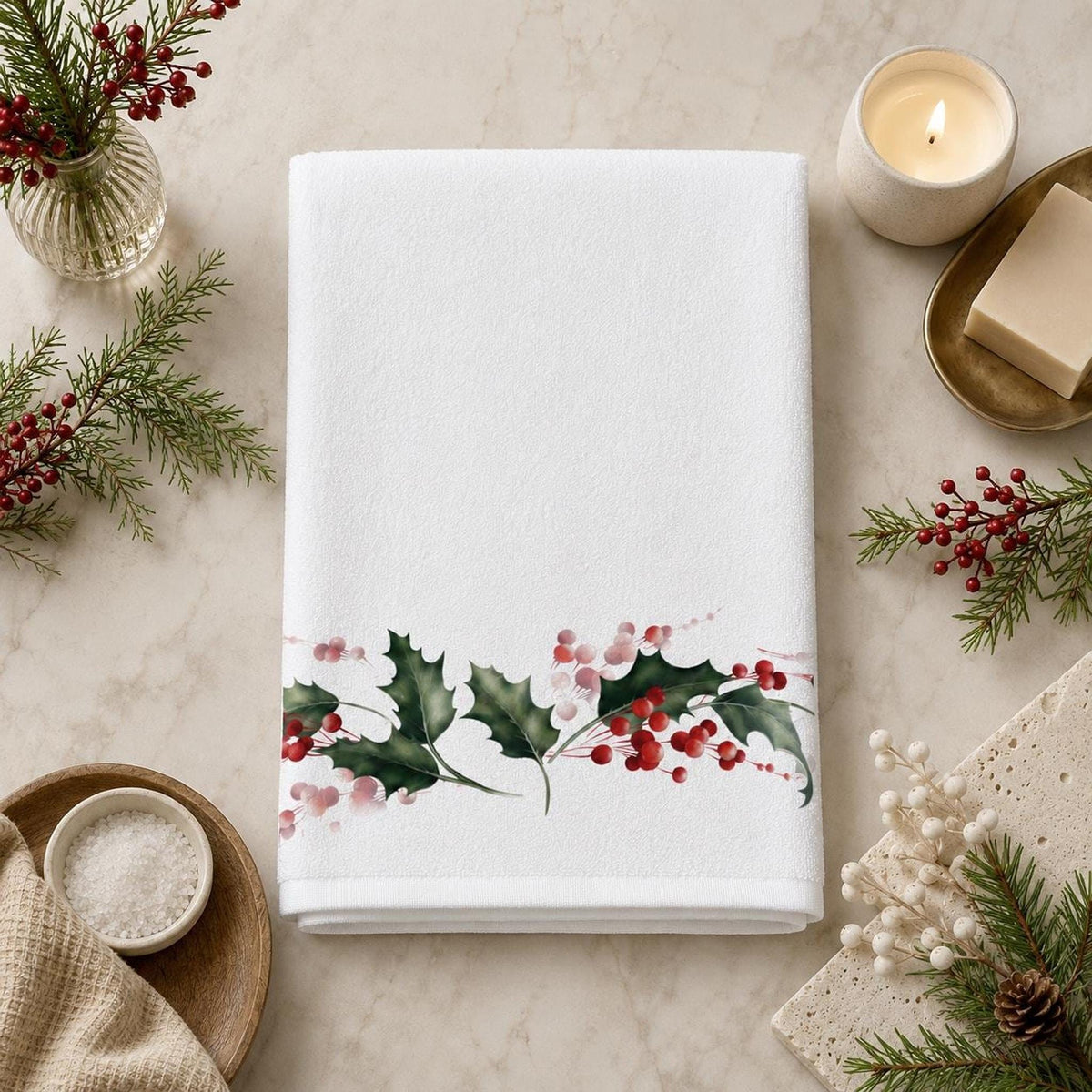 Christmas Holly Bath Towel, Watercolor Berry Bathroom Decor, Holiday Guest Towel, Winter Spa Gift