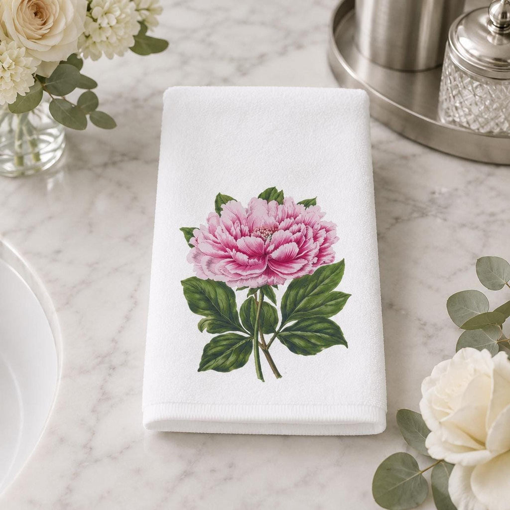 Peony Hand Towel, Pink Botanical Design, Sheared Polyester Front, 15 × 25 Inches