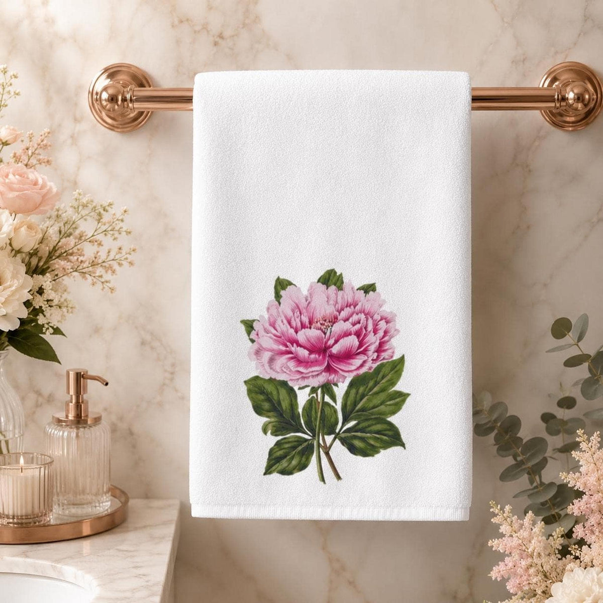 Peony Hand Towel, Pink Botanical Design, Sheared Polyester Front, 15 × 25 Inches