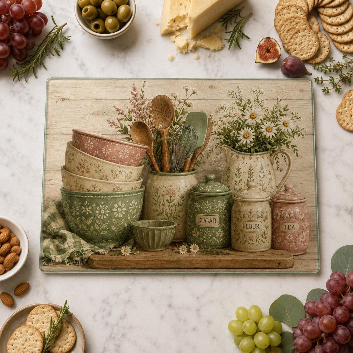 Glass Cutting Board, Chinchilla-Textured Surface, Cottage Kitchen Floral Design