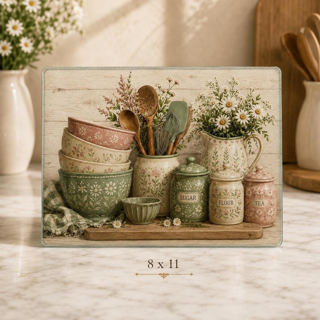 Glass Cutting Board, Chinchilla-Textured Surface, Cottage Kitchen Floral Design