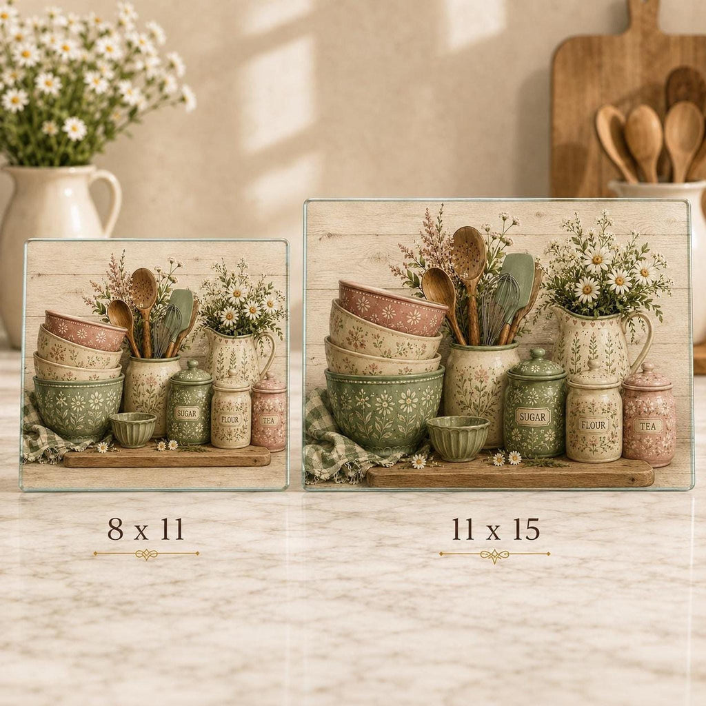 Glass Cutting Board, Chinchilla-Textured Surface, Cottage Kitchen Floral Design