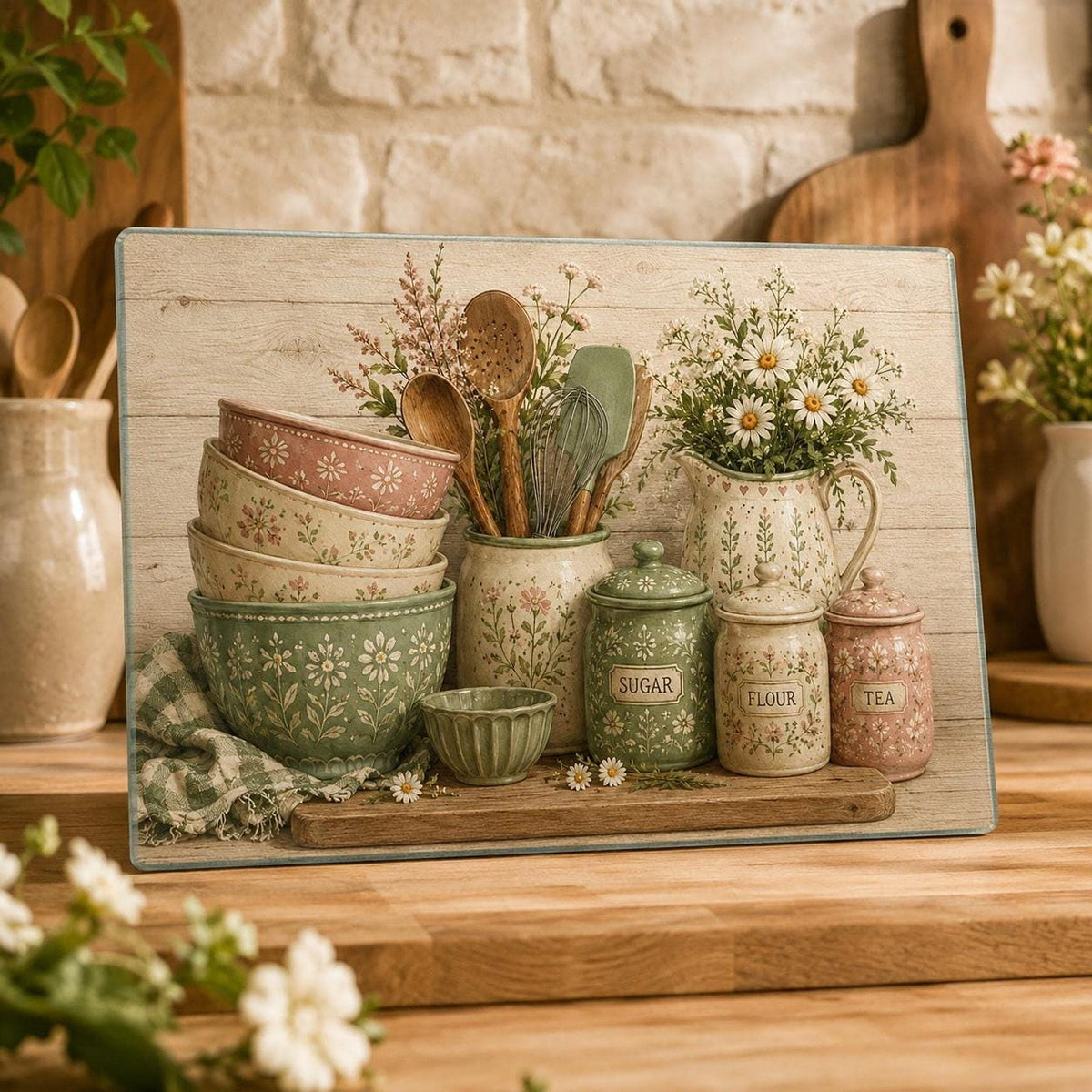 Glass Cutting Board, Chinchilla-Textured Surface, Cottage Kitchen Floral Design