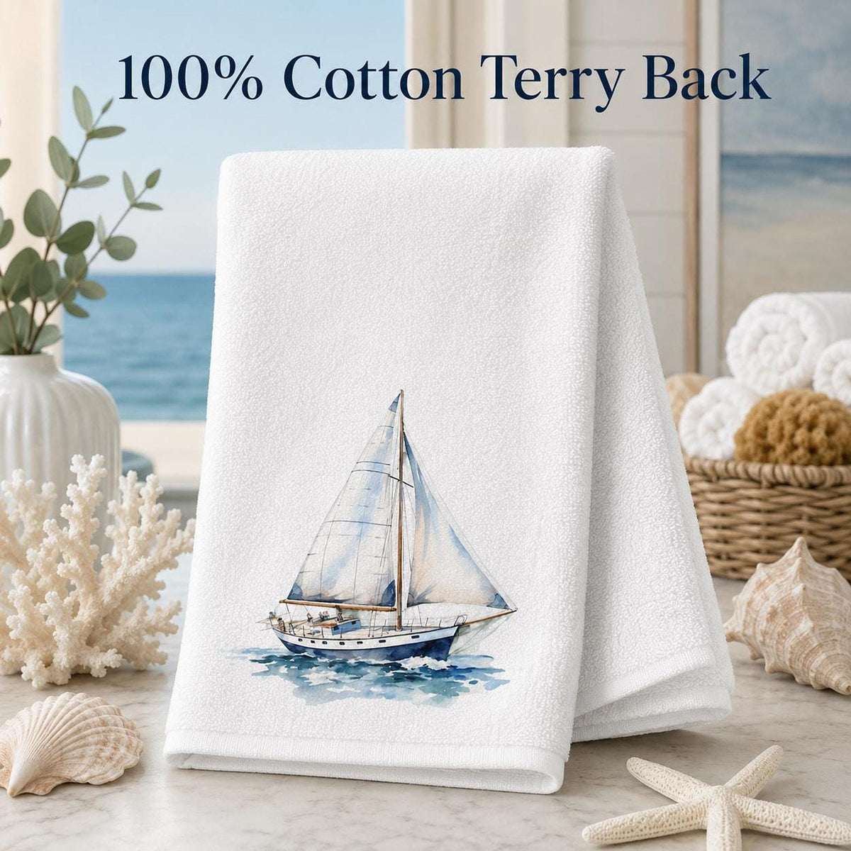 Powder Room Decor Watercolor Sailboat Bath Towel, Cotton Terry Cloth