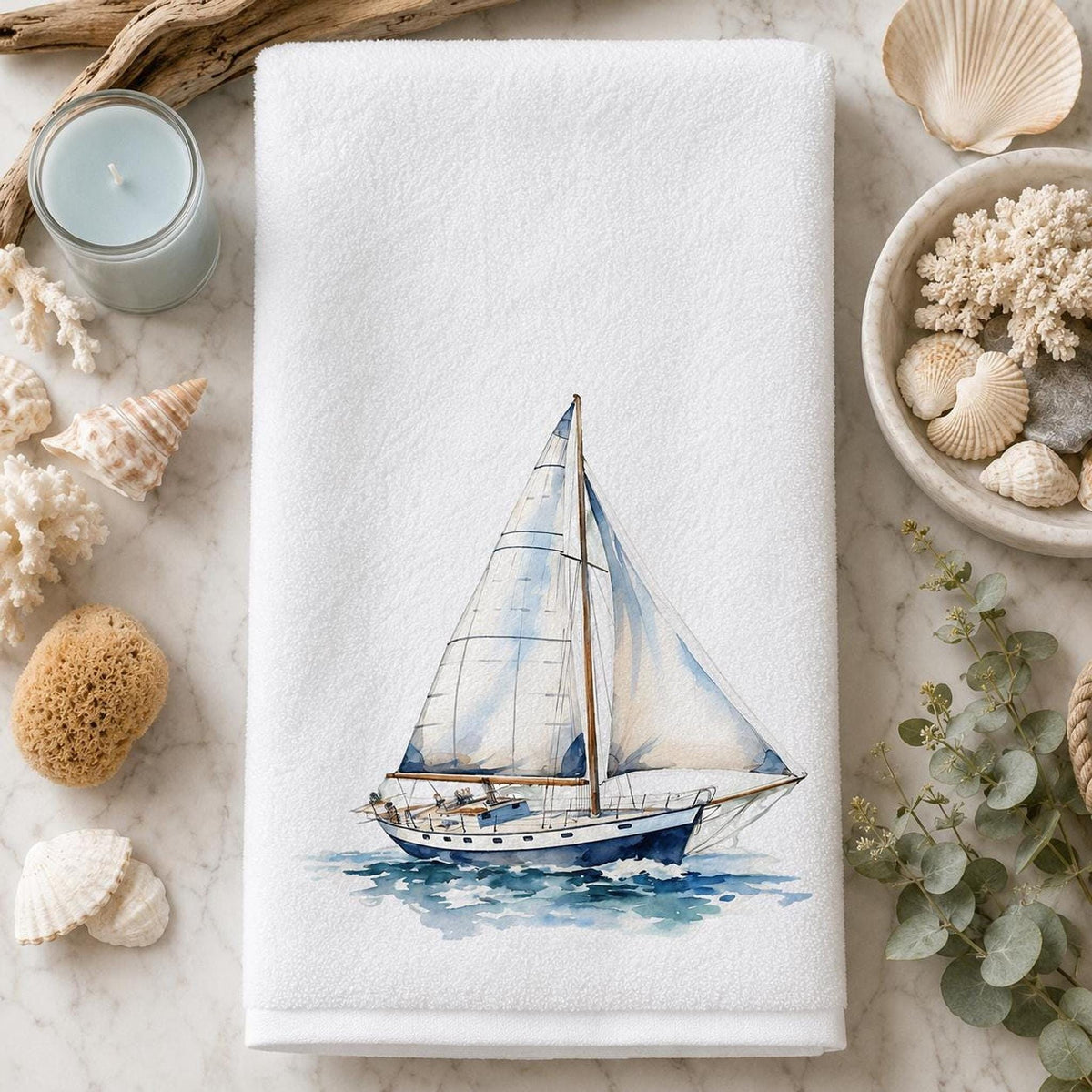 Powder Room Decor Watercolor Sailboat Bath Towel, Cotton Terry Cloth