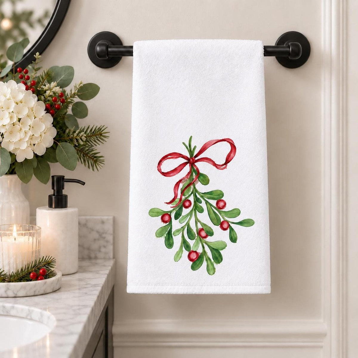 Mistletoe Hand Towel, 15x25 White Polyester With Cotton Terry Back