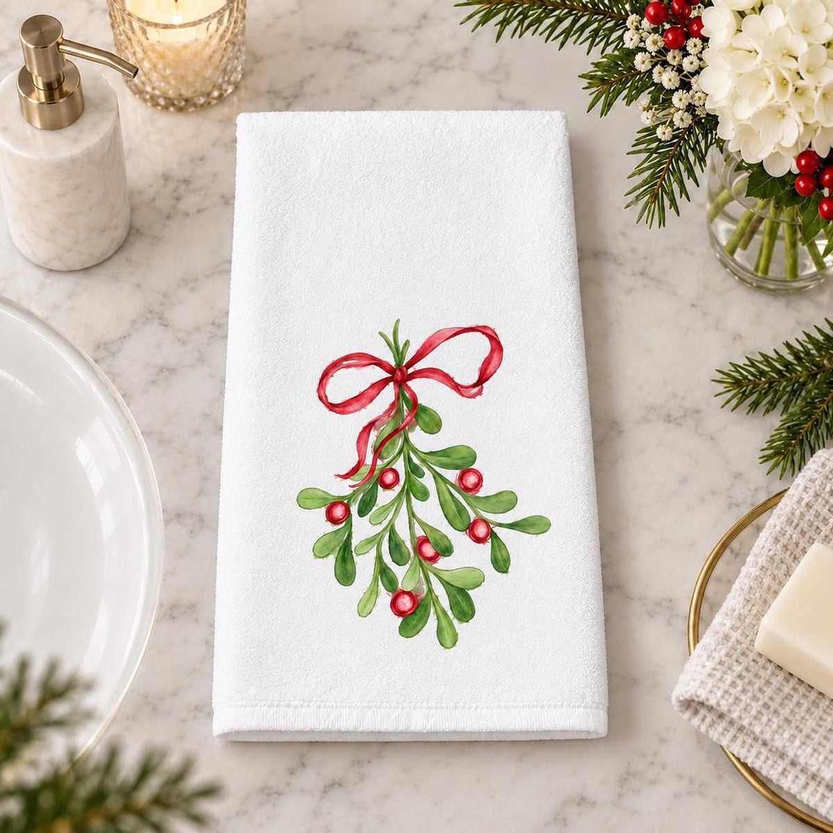Mistletoe Hand Towel, 15x25 White Polyester With Cotton Terry Back