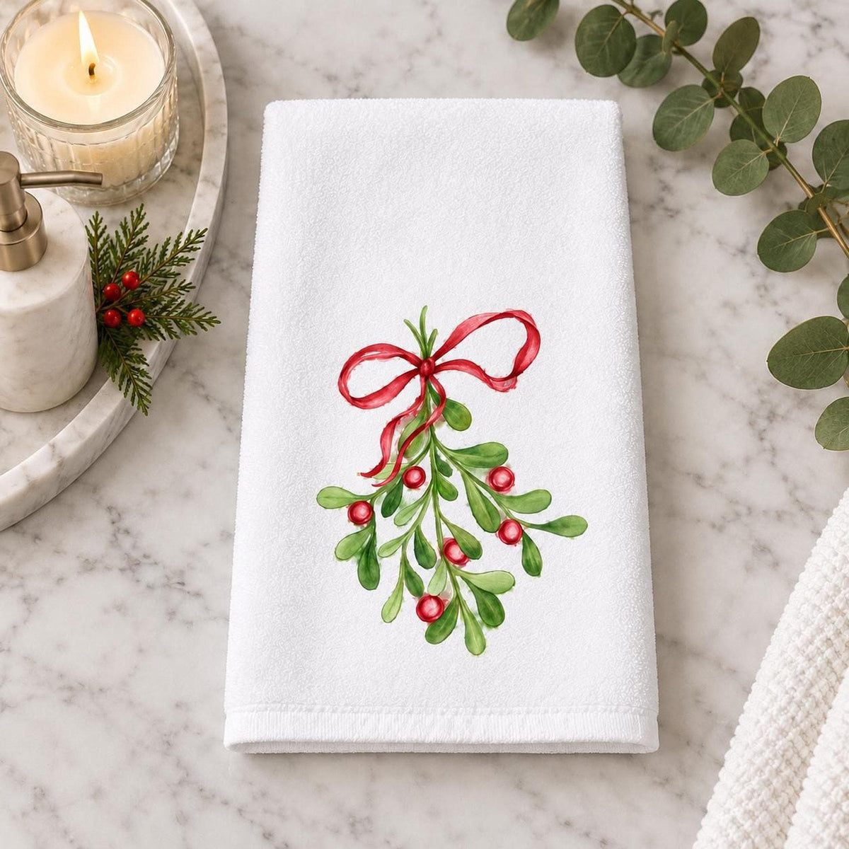 Mistletoe Hand Towel, 15x25 White Polyester With Cotton Terry Back