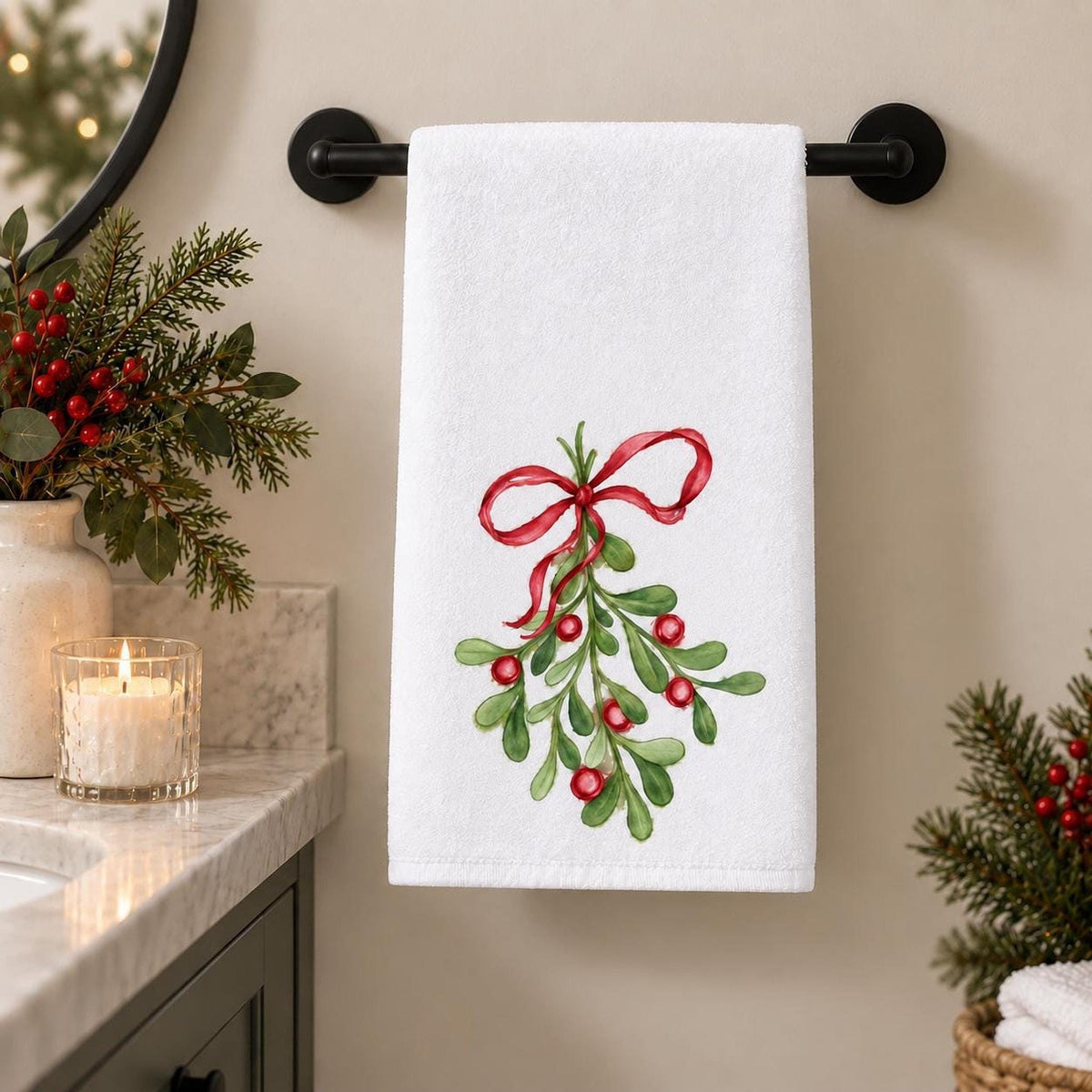 Mistletoe Hand Towel, 15x25 White Polyester With Cotton Terry Back