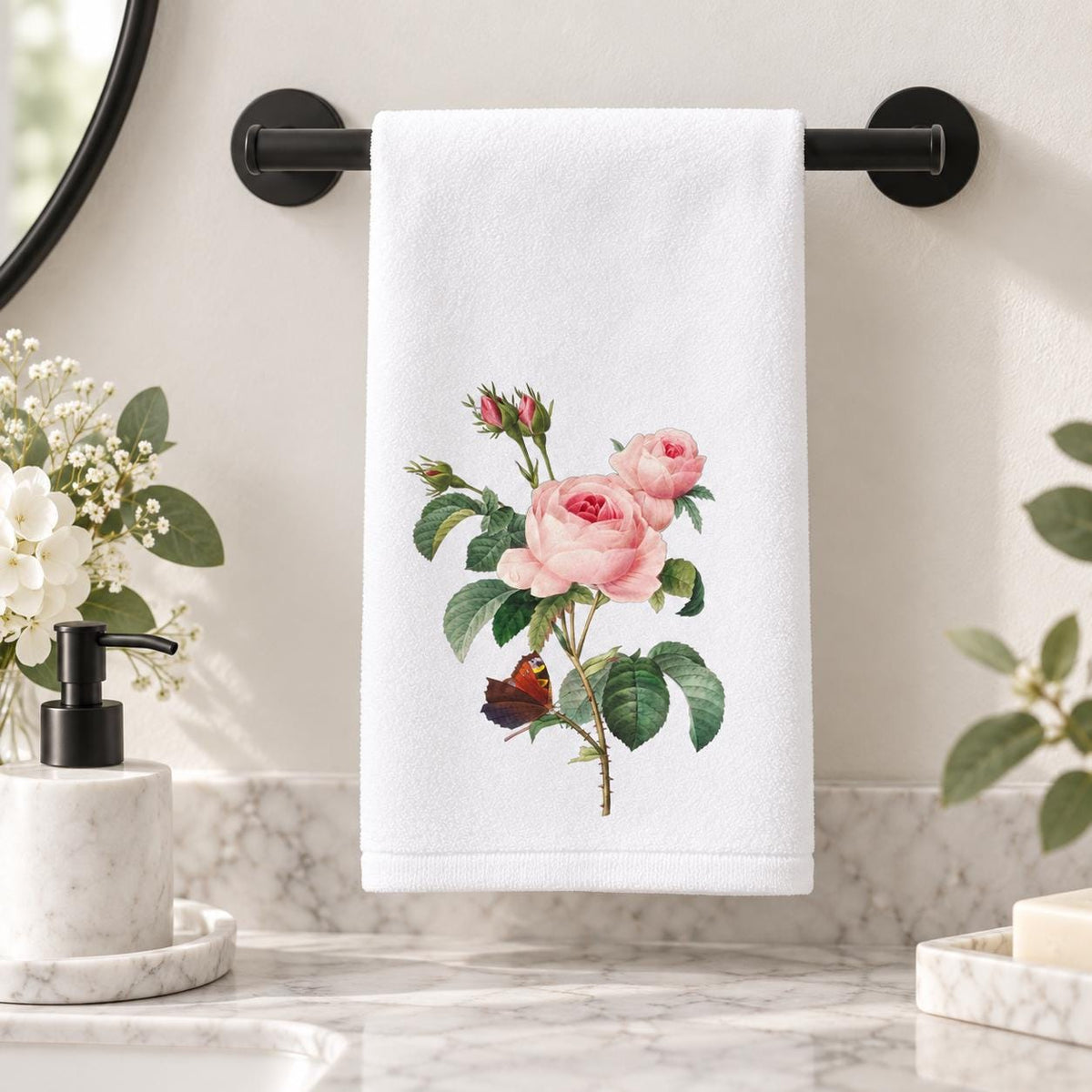 Vintage Rose Butterfly Fingertip Towel, Botanical Guest Bath Decor, Floral Powder Room Accent
