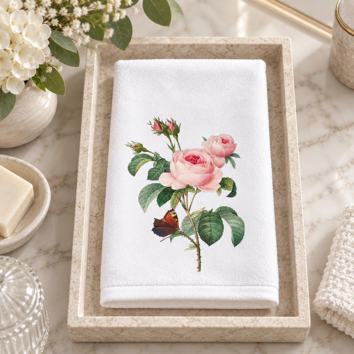 Vintage Rose Butterfly Fingertip Towel, Botanical Guest Bath Decor, Floral Powder Room Accent