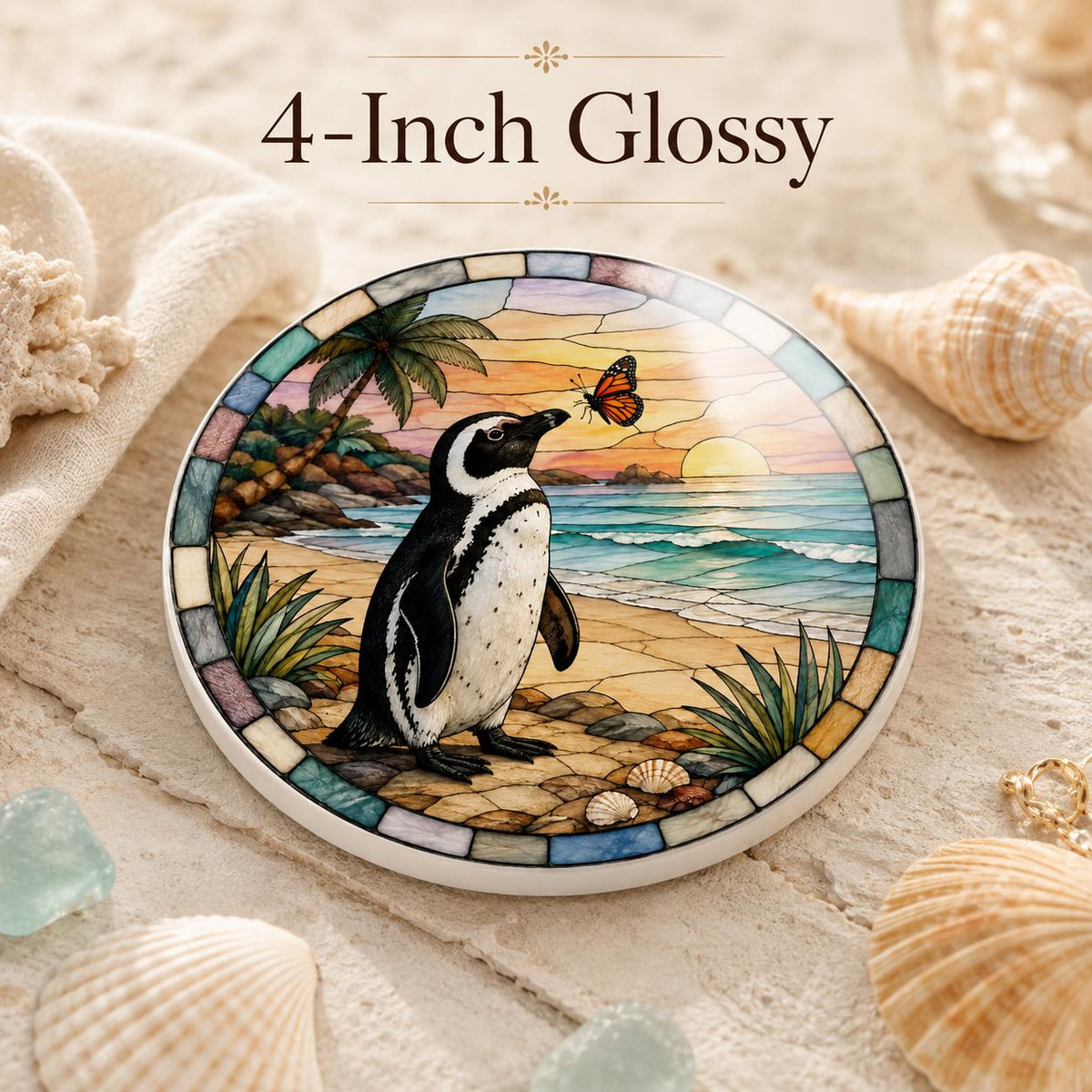 Penguin Ceramic Coaster, Coastal Sunset Decor, Beach Lover Gift, Whimsical Ocean Accent