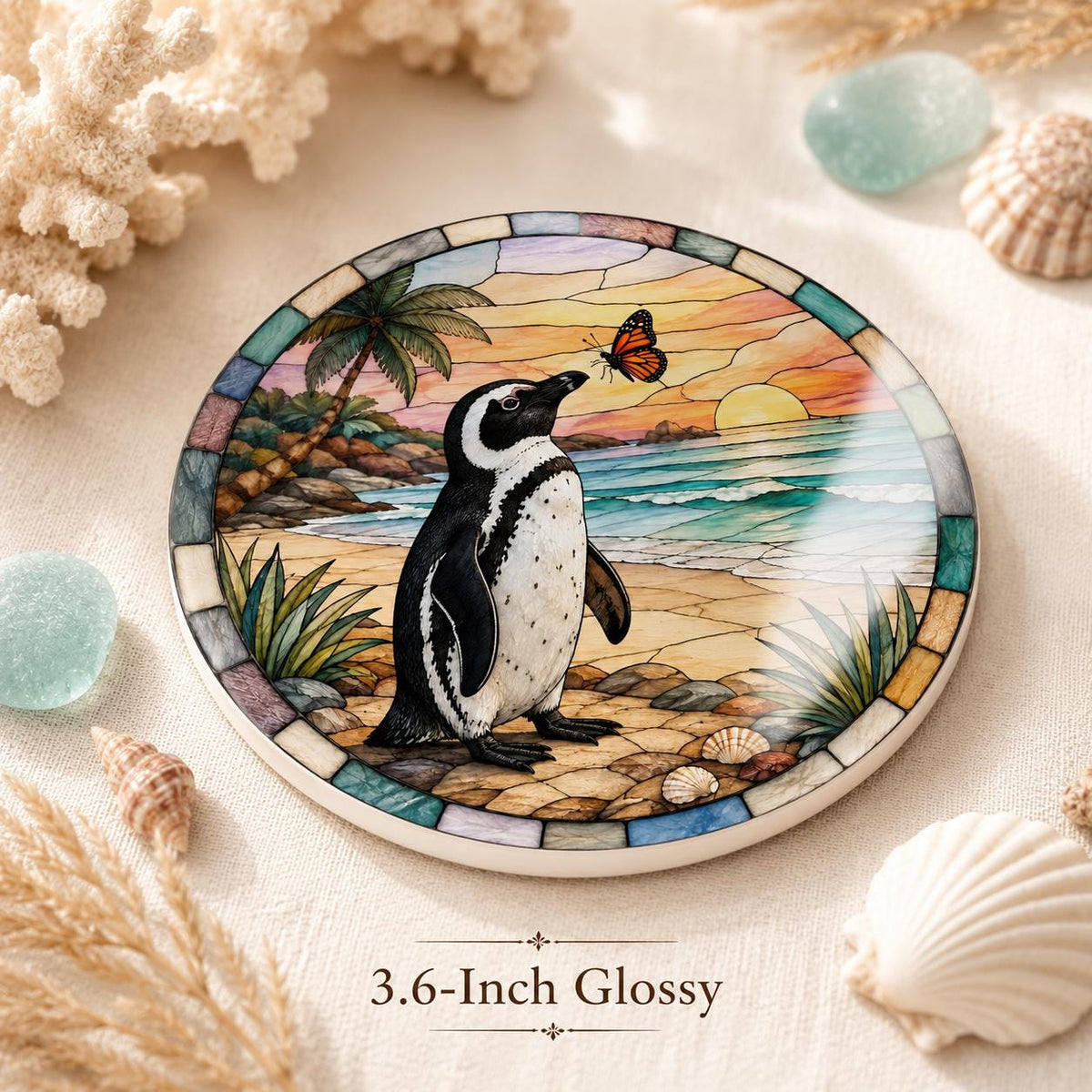 Penguin Ceramic Coaster, Coastal Sunset Decor, Beach Lover Gift, Whimsical Ocean Accent