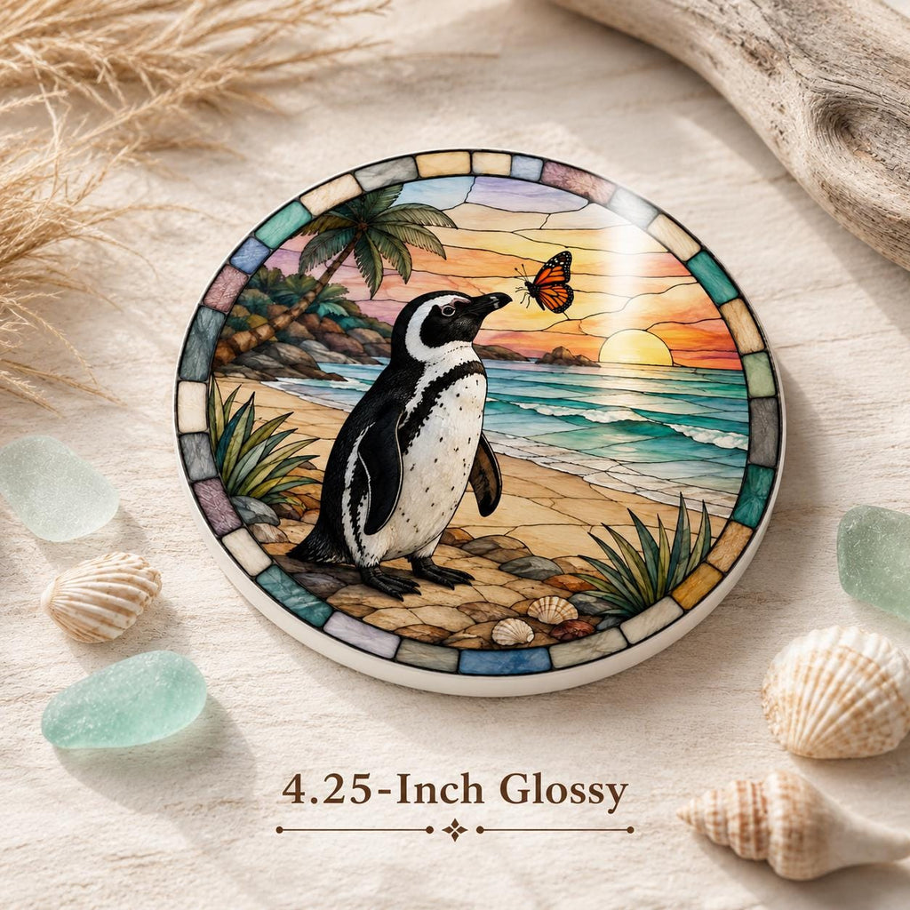 Penguin Ceramic Coaster, Coastal Sunset Decor, Beach Lover Gift, Whimsical Ocean Accent