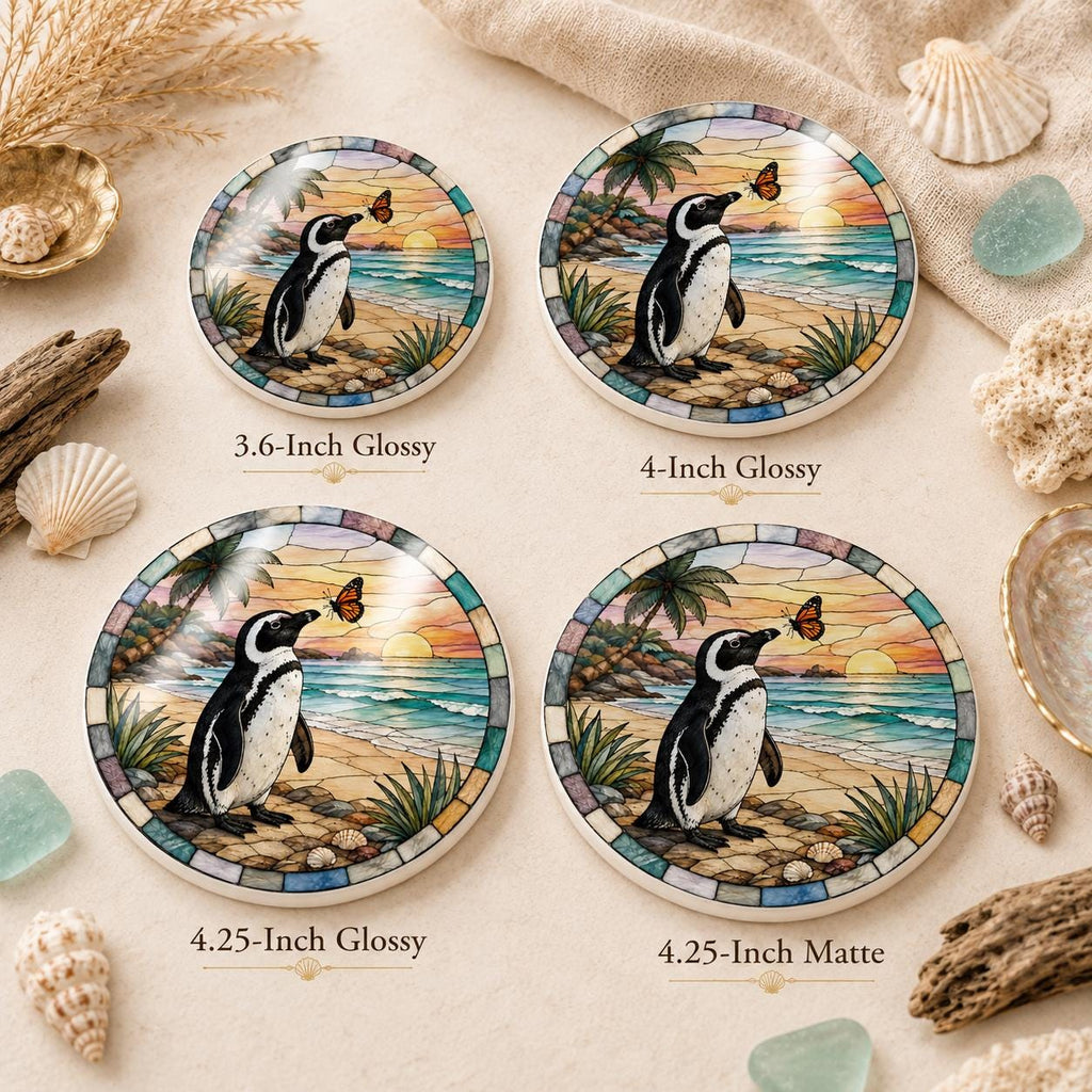 Penguin Ceramic Coaster, Coastal Sunset Decor, Beach Lover Gift, Whimsical Ocean Accent