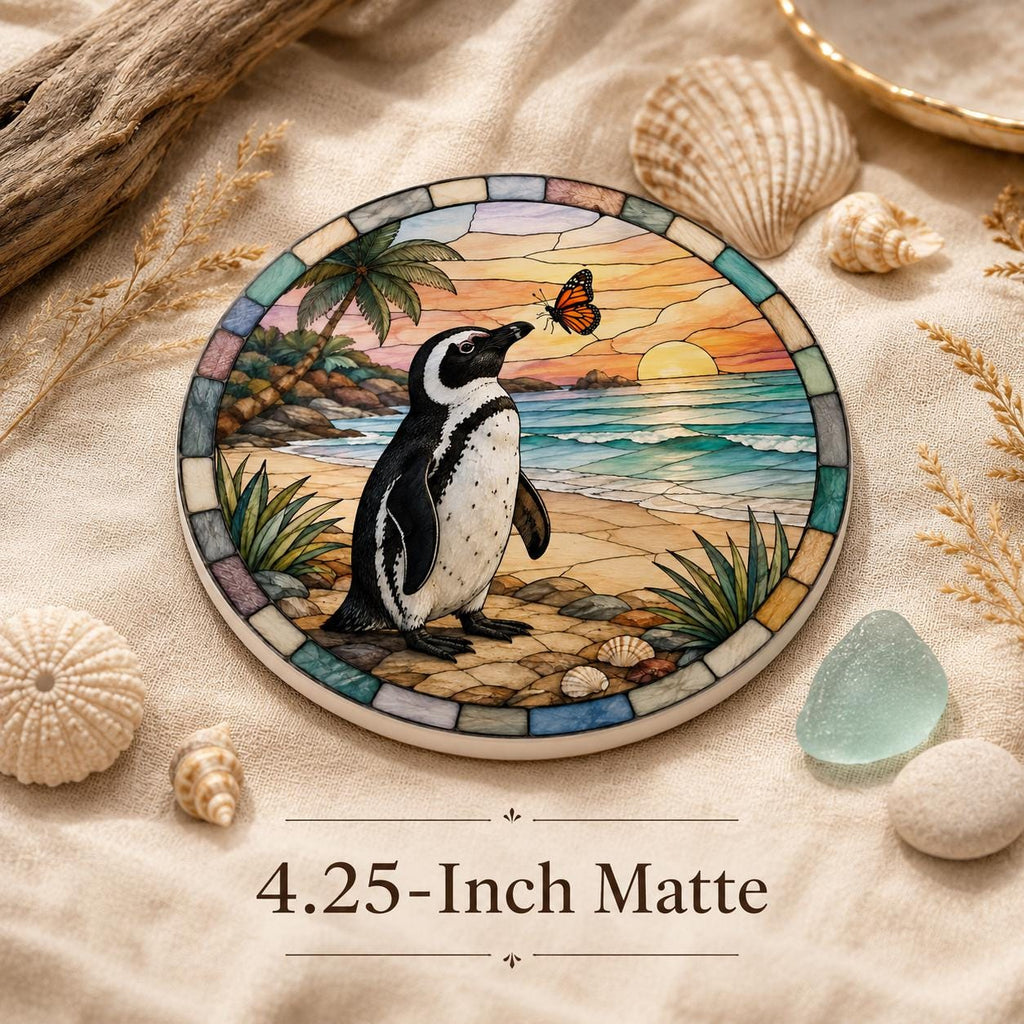 Penguin Ceramic Coaster, Coastal Sunset Decor, Beach Lover Gift, Whimsical Ocean Accent