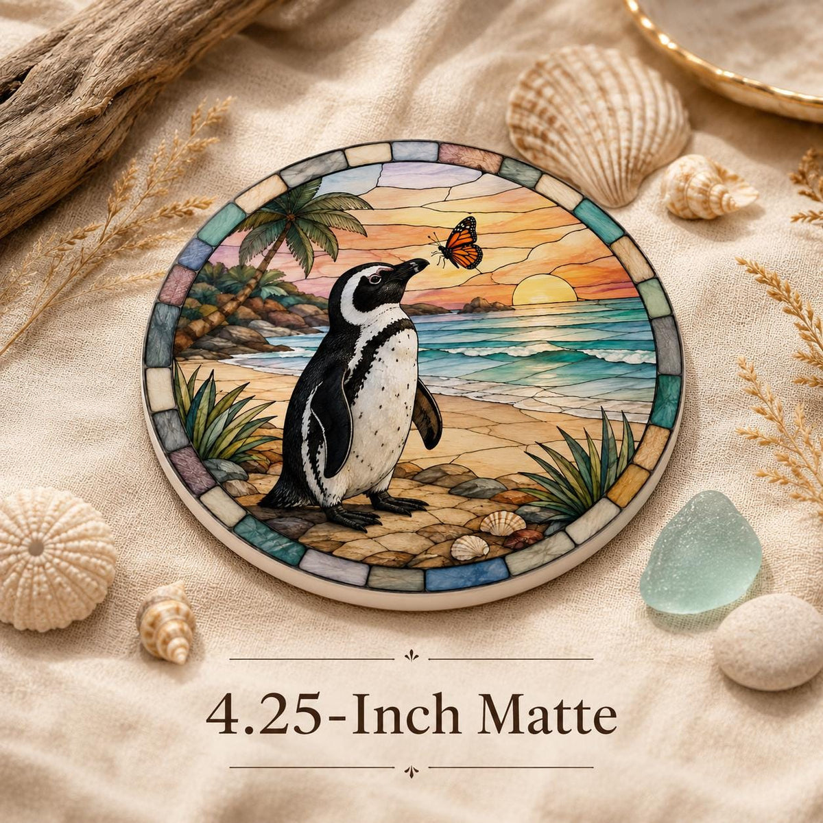 Penguin Ceramic Coaster, Coastal Sunset Decor, Beach Lover Gift, Whimsical Ocean Accent