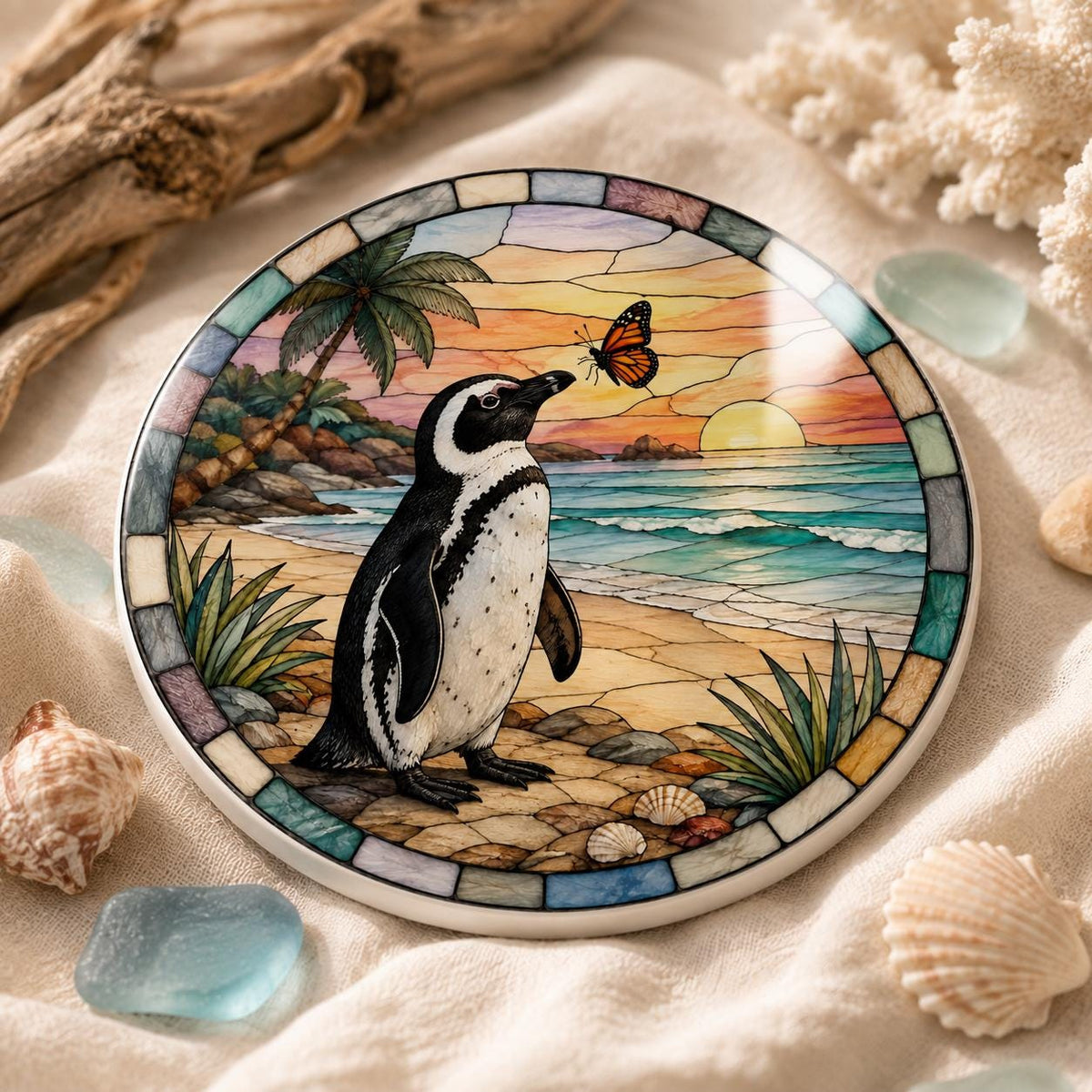 Penguin Ceramic Coaster, Coastal Sunset Decor, Beach Lover Gift, Whimsical Ocean Accent