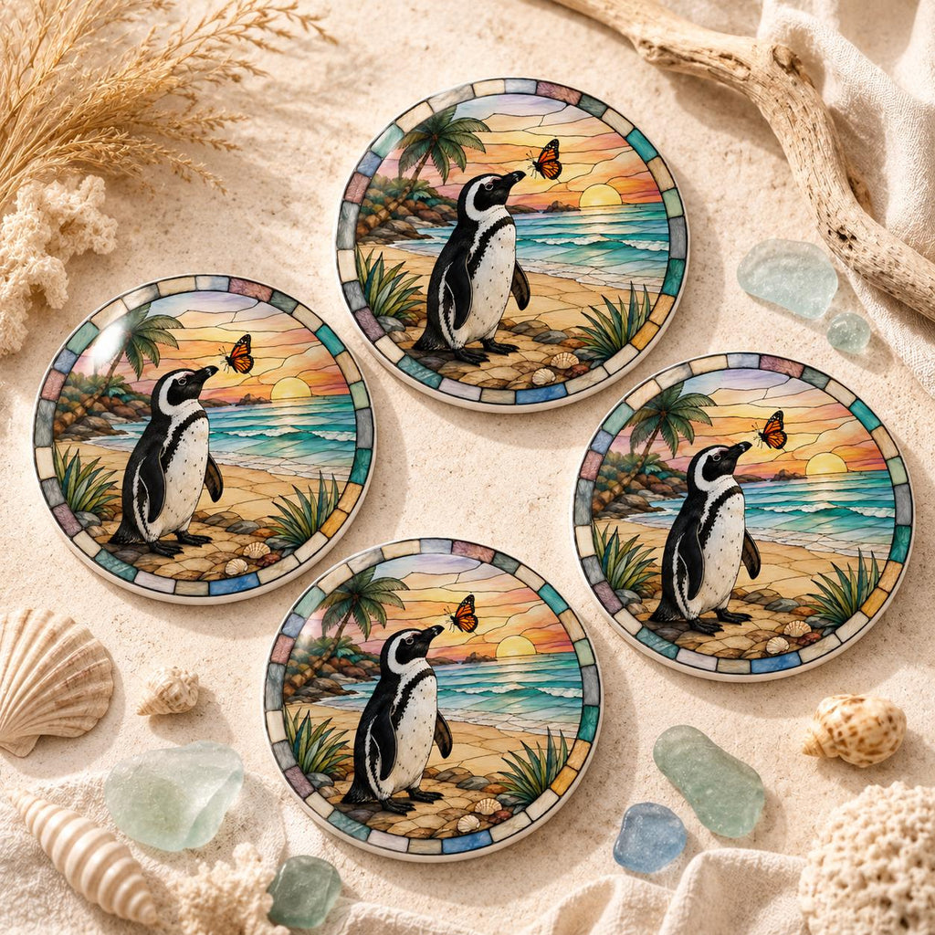 Penguin Ceramic Coaster, Coastal Sunset Decor, Beach Lover Gift, Whimsical Ocean Accent