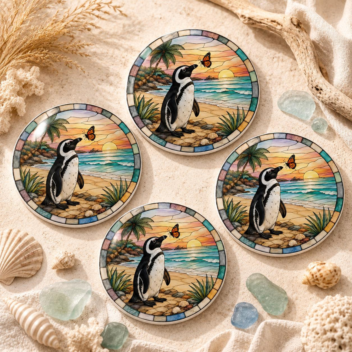 Penguin Ceramic Coaster, Coastal Sunset Decor, Beach Lover Gift, Whimsical Ocean Accent