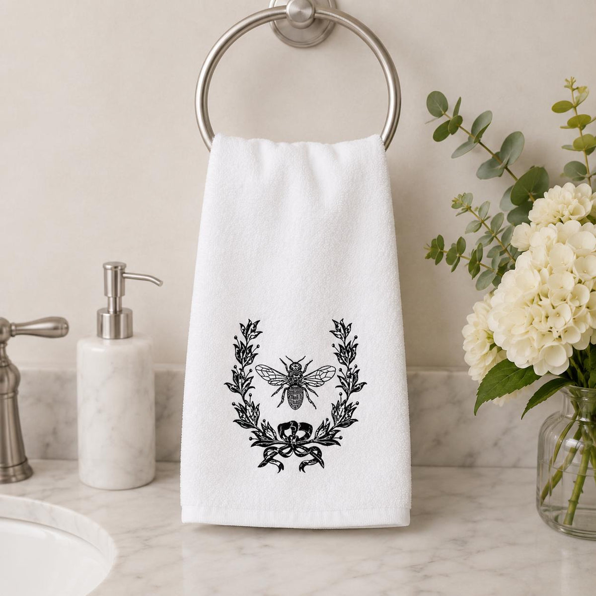 Bee Hand Towel, White Sheared Polyester Front, Cotton Terrycloth Reverse