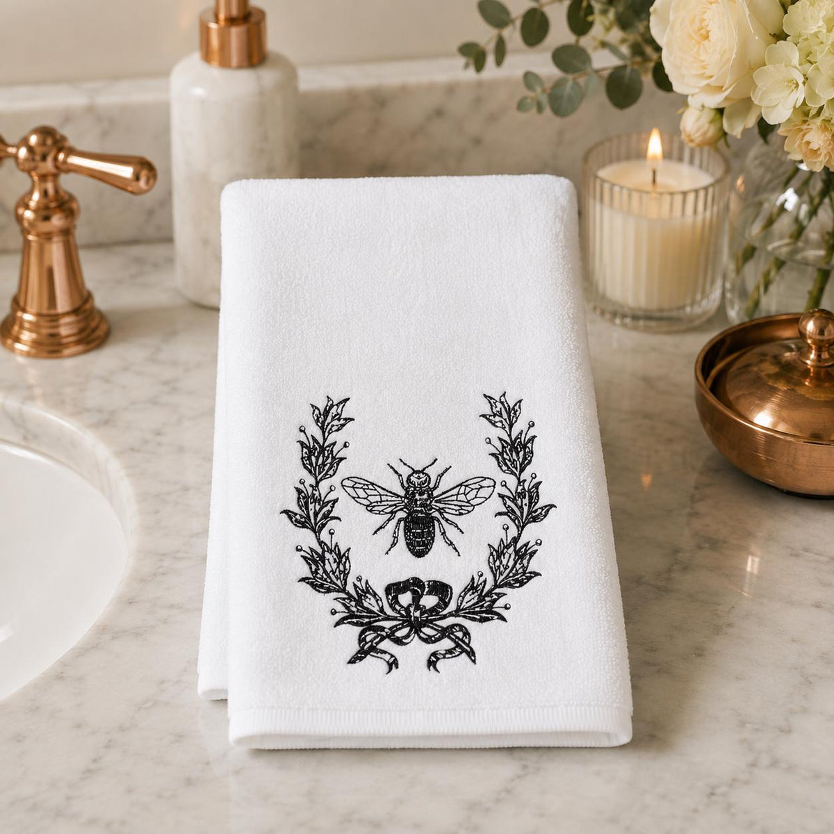 Bee Hand Towel, White Sheared Polyester Front, Cotton Terrycloth Reverse