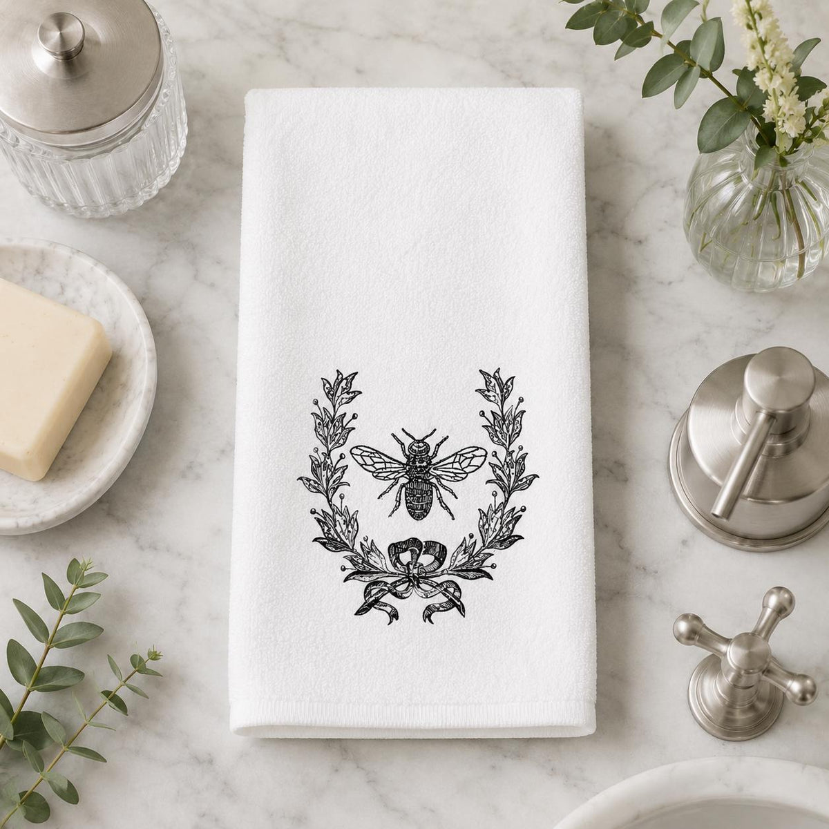Bee Hand Towel, White Sheared Polyester Front, Cotton Terrycloth Reverse