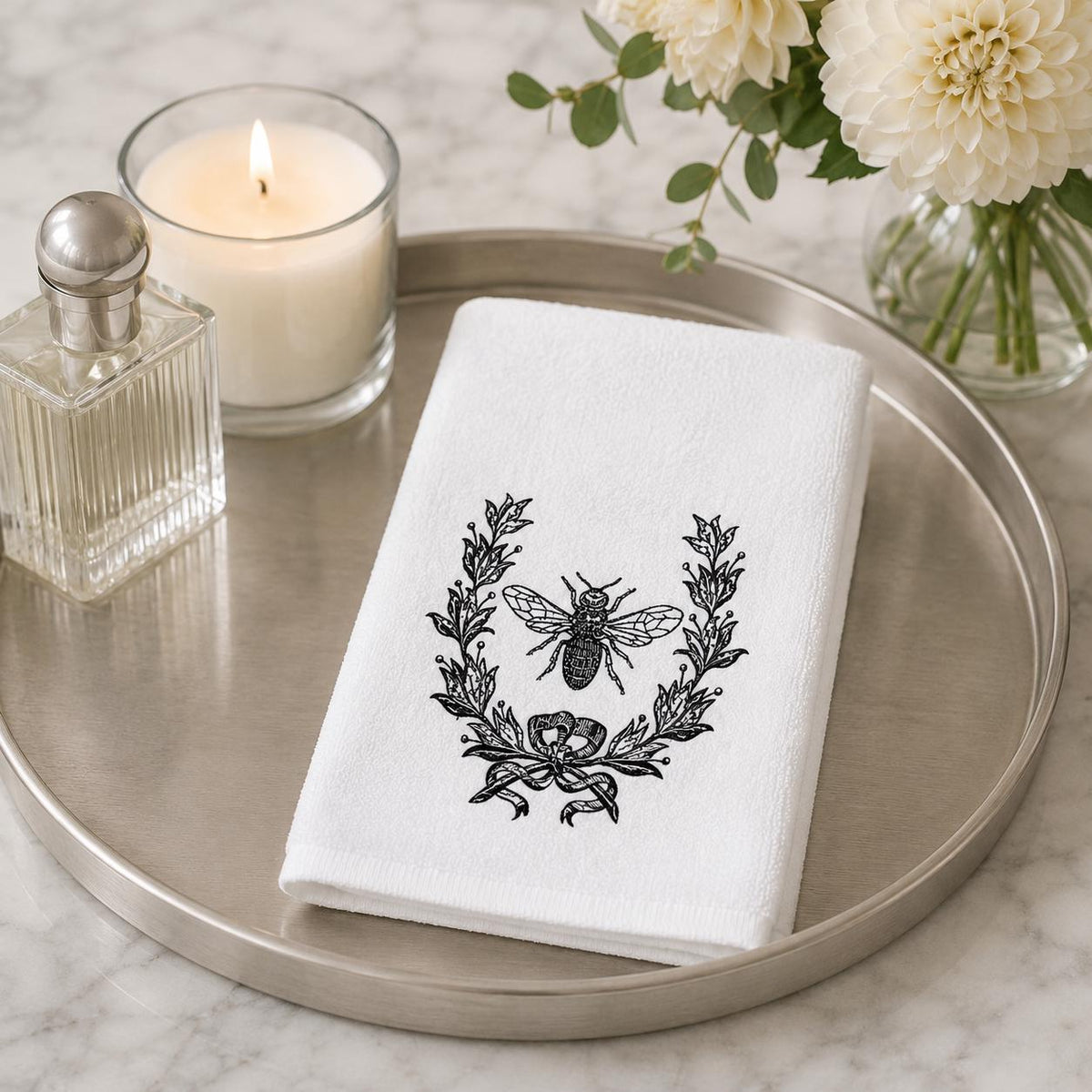 Bee Hand Towel, White Sheared Polyester Front, Cotton Terrycloth Reverse