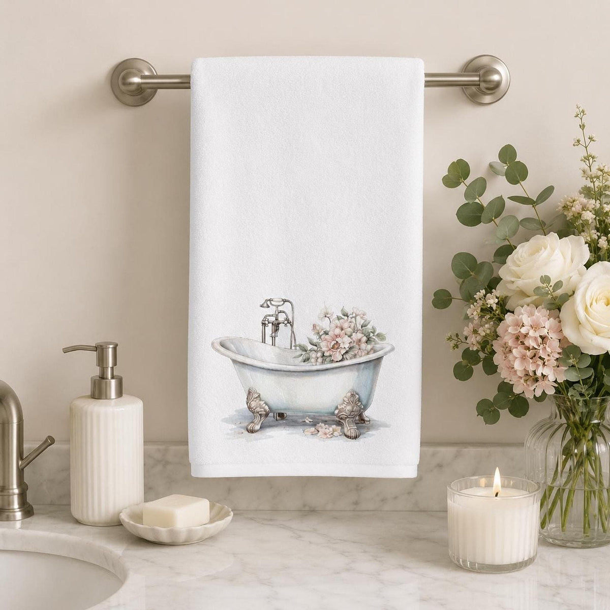 Clawfoot Tub Hand Towel, Vintage Bathroom Decor, Floral Guest Towel, Cottage Bath Gift