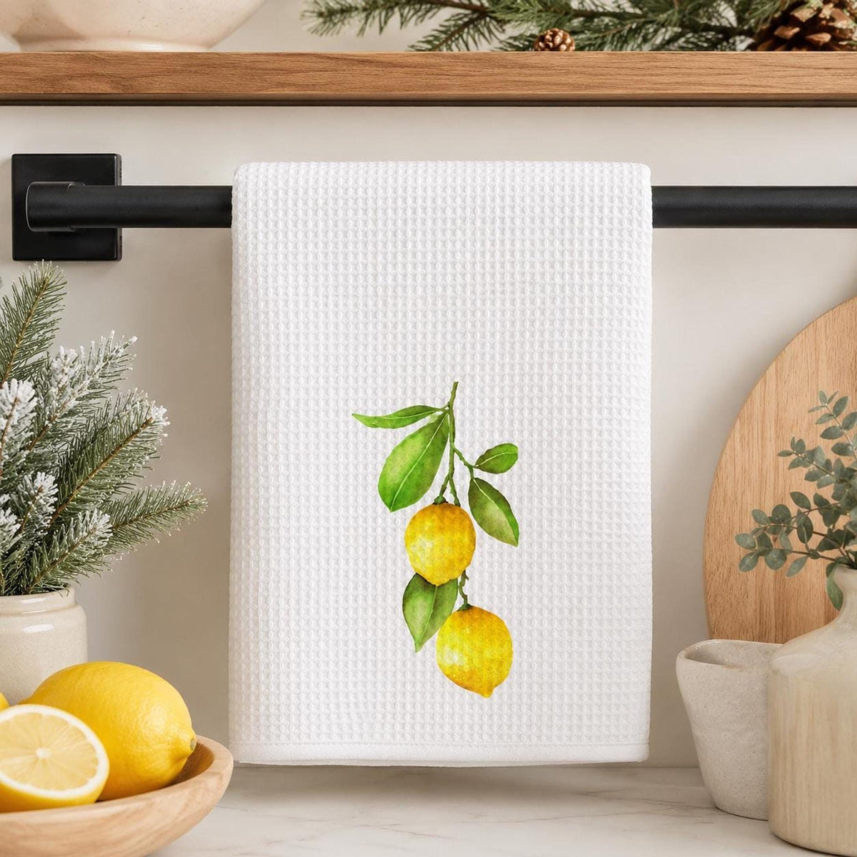 Lemon Waffle Kitchen Towel, Citrus Tea Towel, 3 Botanical Designs, Farmhouse Kitchen Decor