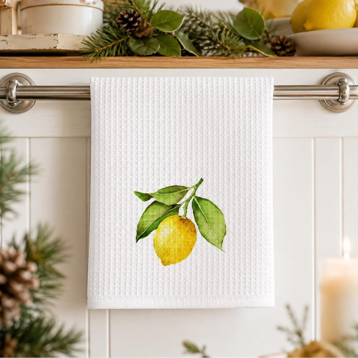 Lemon Waffle Kitchen Towel, Citrus Tea Towel, 3 Botanical Designs, Farmhouse Kitchen Decor
